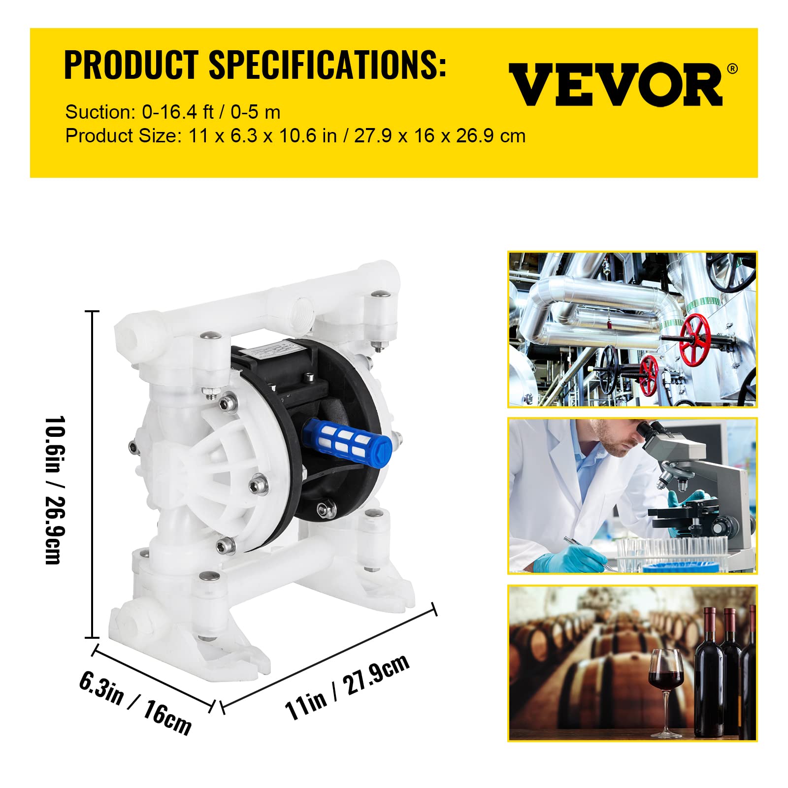 Happybuy 1/2 Inch Air-Operated Double Diaphragm Pump - 8.8 GPM, 120 PSI Max, Polypropylene Body with PTFE Diaphragm - Ideal for Transferring Petroleum, Diesel, Oil & Low Viscosity Fluids in Industrial, Automotive and Chemical Applications