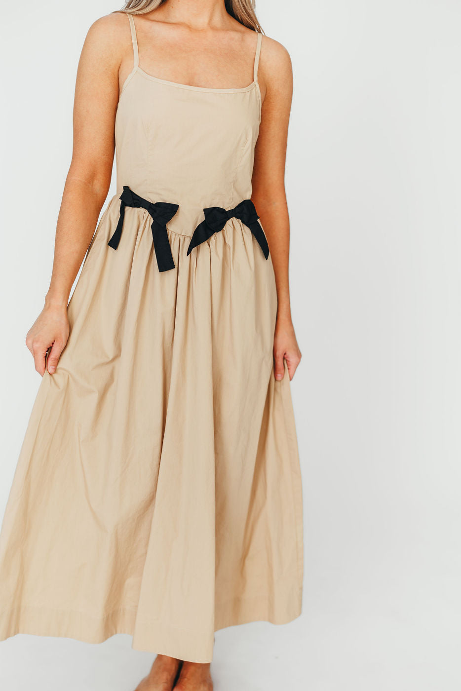 Celeste Square Neck Midi Dress with Bow Detail in Khaki - Elegant Women's Summer Dress for Weddings, Parties & Date Nights