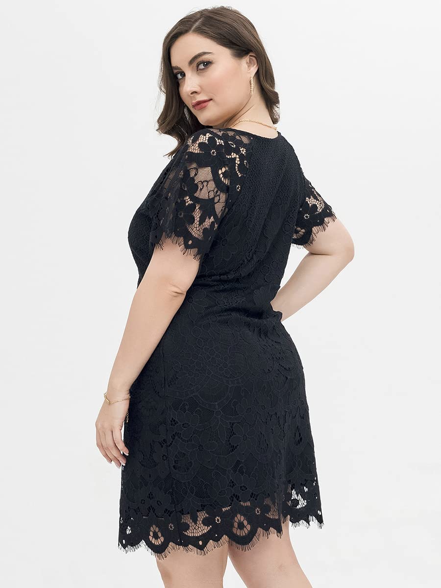 Elegant Floral Lace V-Neck Mini Dress for Women - Plus Size Bodycon Cocktail Dress with Short Sleeves & Scalloped Hem | Perfect for Parties, Date Nights & Special Occasions