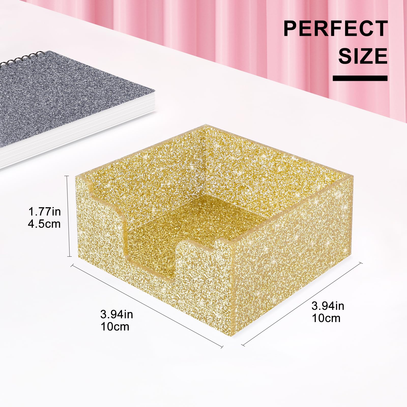 Rouidr Acrylic Sticky Note Holder - 3.94 x 3.94 Inch Glitter Memo Pad Dispenser Organizer for Office, School & Home Desk (Gold) | Perfect for Notes, Reminders & Office Supplies Organization