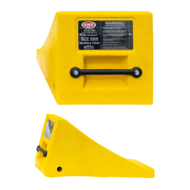 AME Yellow Polyurethane Wheel Chock with Handle for Trucks & Trailers (47-165 lbs Capacity) - Heavy Duty Vehicle Stabilization for Parking, Loading & RV Safety
