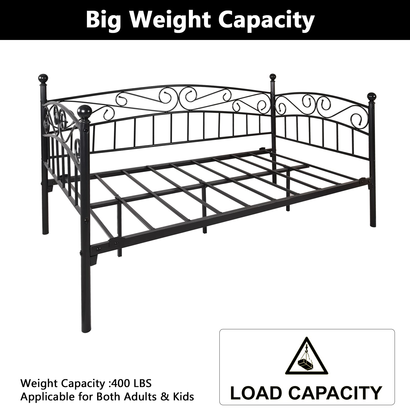 mikibama Metal Twin Size Industrial Daybed Frame - Space Saving Arched Victorian Black Guest Bed for Small Spaces | Perfect for Living Rooms, Studios & Dorm Rooms