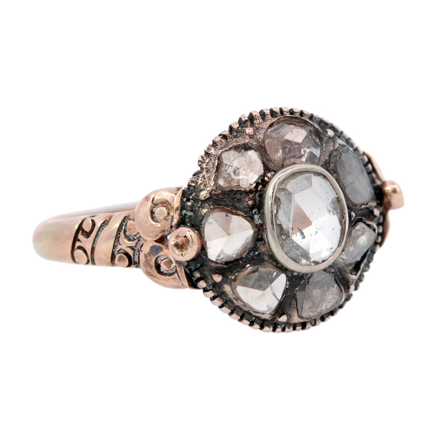 Victorian Style 14k Gold & Sterling Silver Rose Cut Diamond Cluster Ring - 1 Carat Total Weight (1ctw) - Elegant Vintage Jewelry for Weddings, Anniversaries & Special Occasions