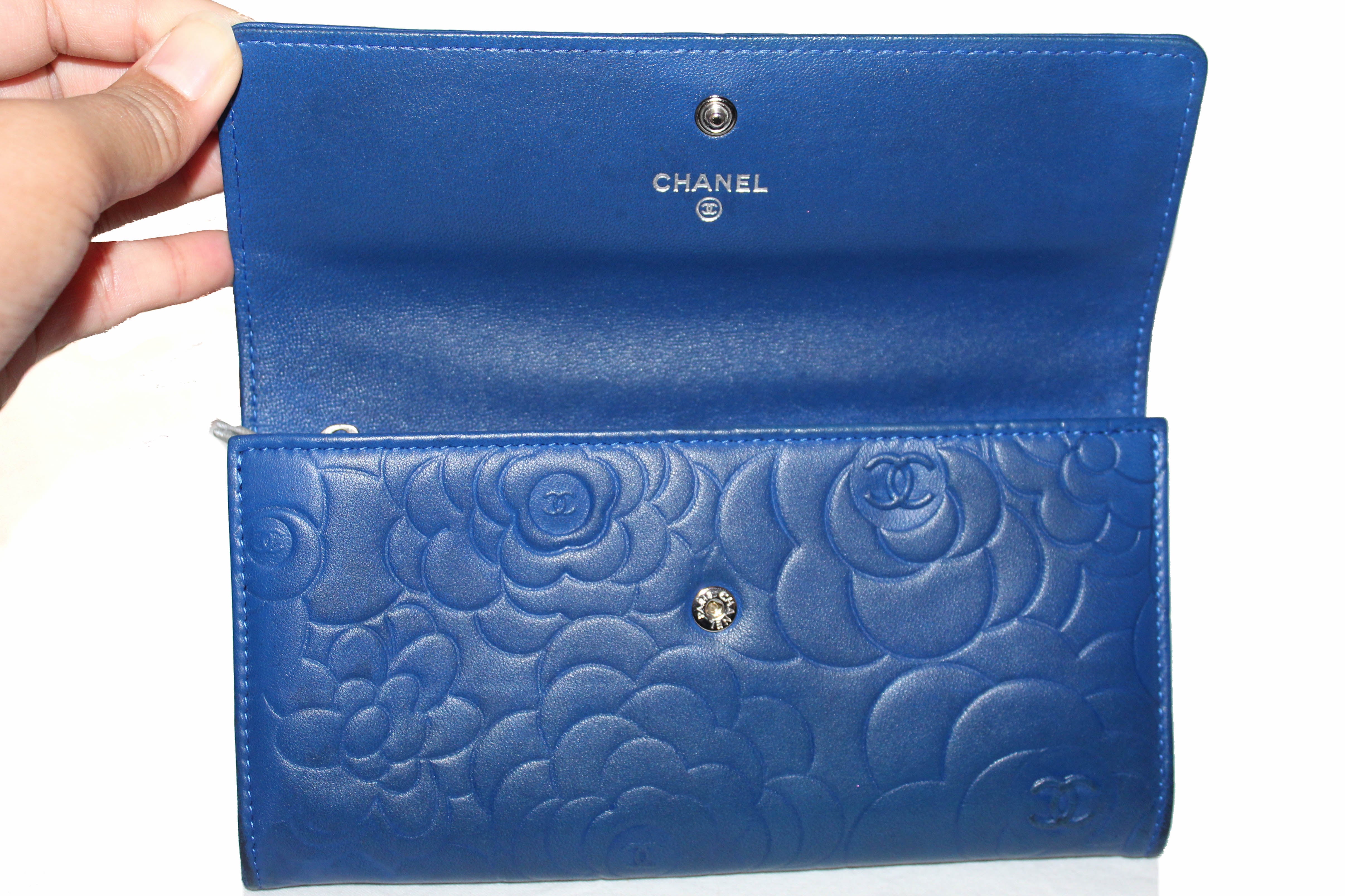 Authentic Chanel Blue Lambskin Leather Camellia Flap Wallet for Women | Luxury Designer Clutch Purse | Perfect for Evening Parties, Date Nights & Special Occasions