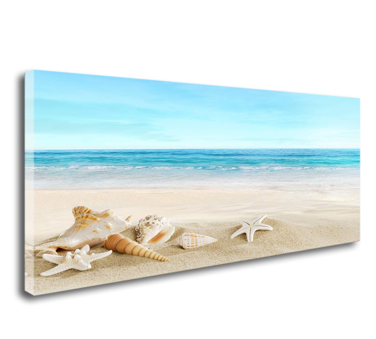 Beach Wall Art Decor - Ocean Painting Canvas Print with Starfish & Seashells on Sandy Shore | Ready to Hang Living Room, Bedroom & Office Decor | Coastal Home Decoration for Beach House & Vacation Rental