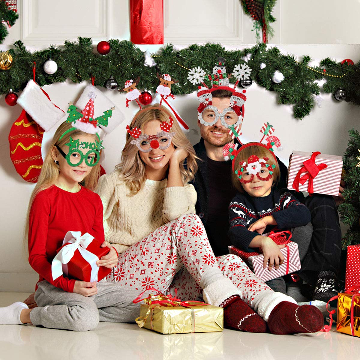 8 Pack Christmas Glasses & Headbands Set - Creative Elf Reindeer Antlers Xmas Tree Decorations for Holiday Parties | Fun Costume Accessories for Kids & Adults | Perfect for Christmas Photos, Office Celebrations & Family Gatherings