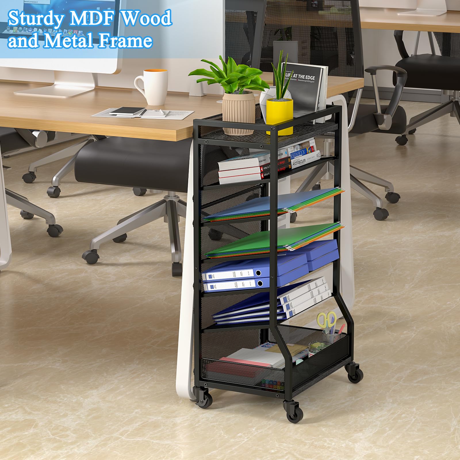 7-Tier Rolling File Cart with Sliding Trays - Wood & Metal File Organizer for Desk, Free-Standing File Holder & Paper Letter Tray - Mesh Desk Organizer for Home, Office & School (Patented) - Perfect for Document Storage, Office Organization & Workspace Efficiency