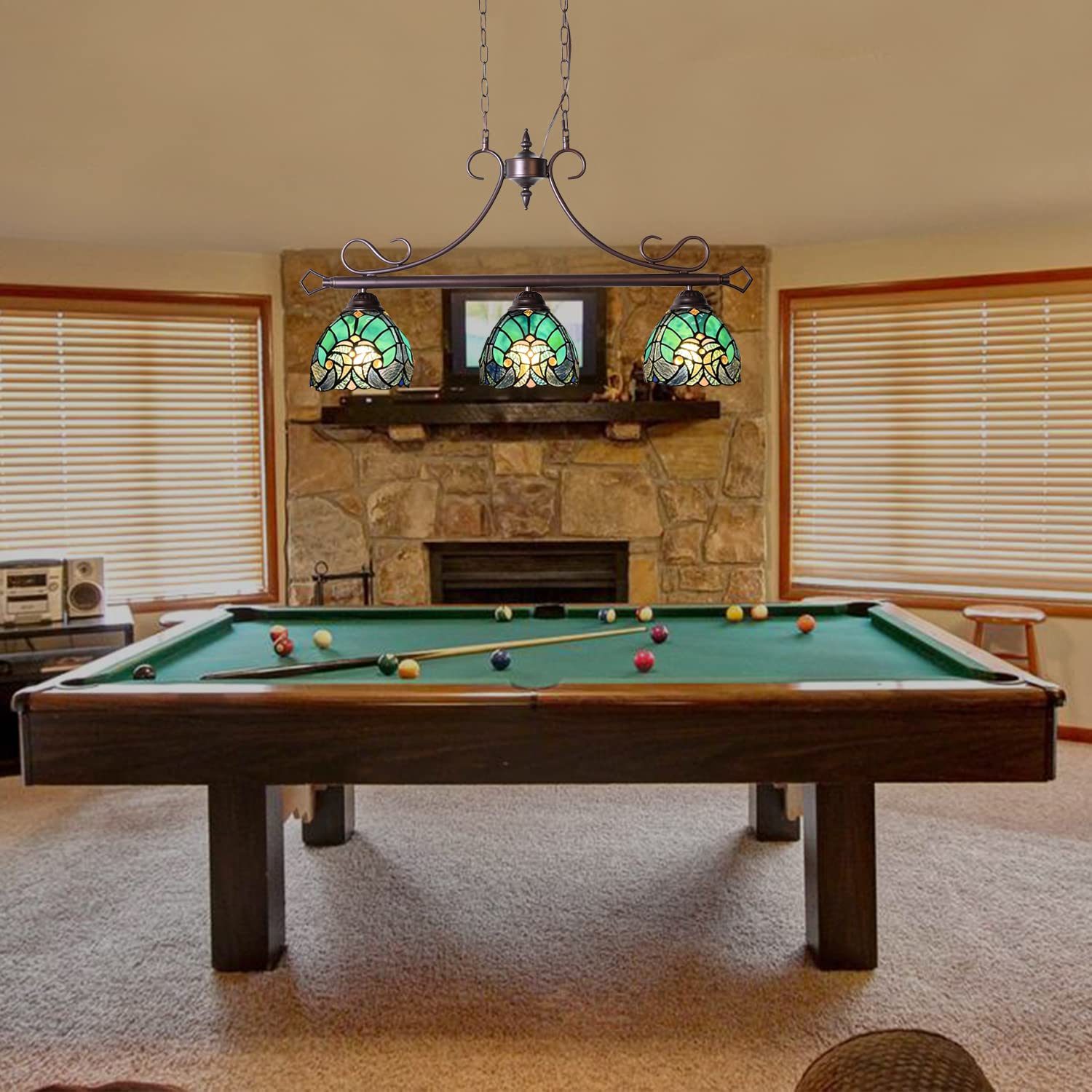 Tiffany Style Pool Table Chandelier - 3-Light Stained Glass Pendant Lighting Fixture for Dining Room, Kitchen Island, Game Room & Bar Decor | Perfect for Billiards, Entertainment Areas & Home Improvement
