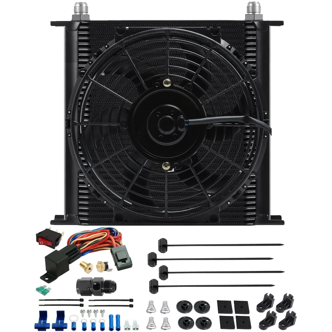 40 Row Engine Transmission Oil Cooler with Electric Fan & Hose End Temperature Switch - Heavy Duty Cooling for Trucks, SUVs, and Performance Vehicles