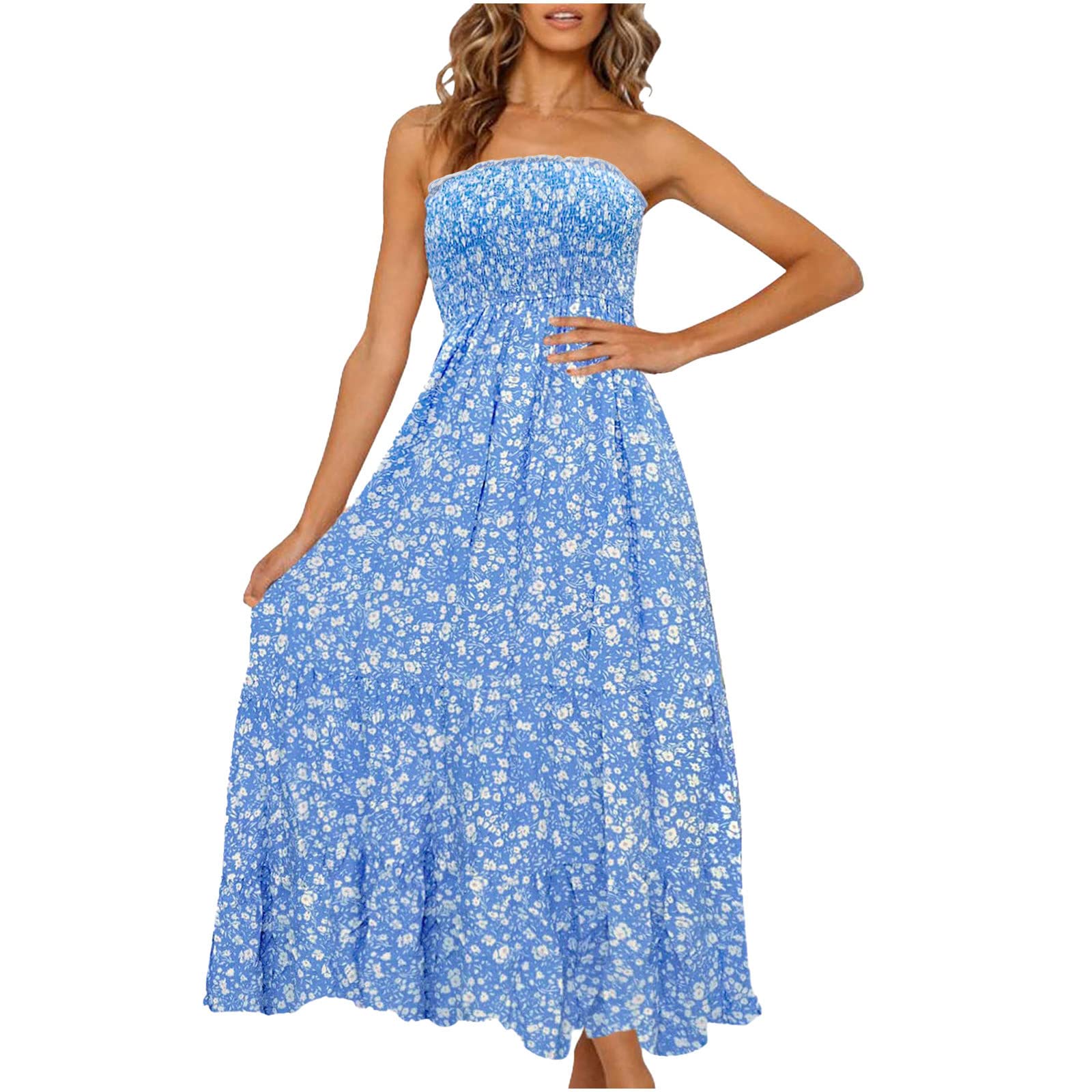 Boho Maxi Dress for Women - Strapless Floral Print Tiered Swing Dress, Flowy Summer Beach Dress, Perfect for Vacations, Weddings & Outdoor Parties