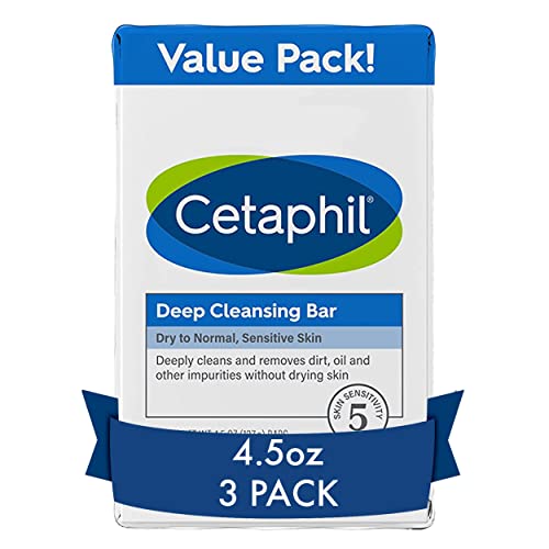Cetaphil Deep Cleansing Bar Soap for Face & Body - Pack of 3 | Gentle for Dry, Normal & Sensitive Skin | Soap-Free, Hypoallergenic, Paraben & Fragrance Free | Removes Makeup, Dirt & Oil | Daily Skincare & Post-Workout Cleansing