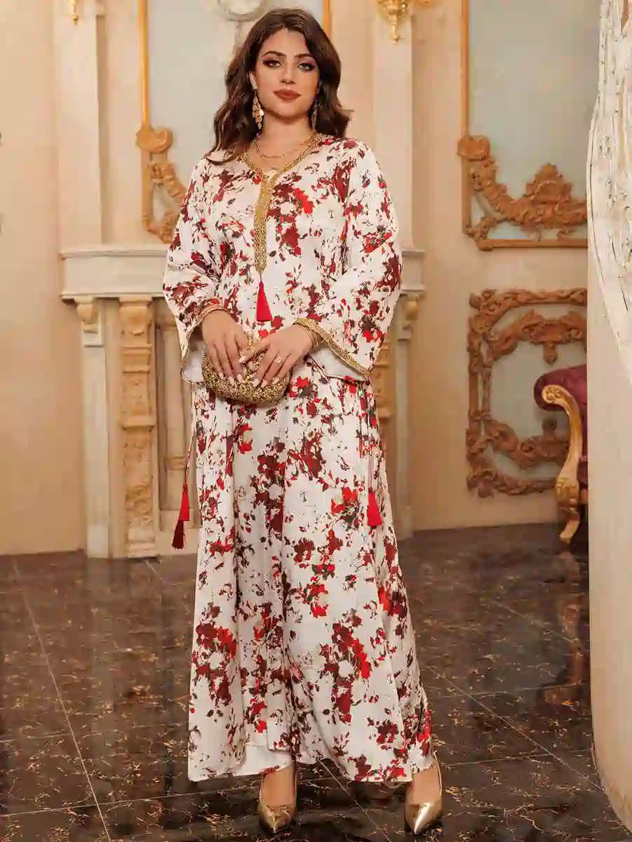 Elegant Eid Printed Caftan Dress for Women - Wedding & Party Wear | Flowy Kaftan Gown for Special Occasions, Festivals & Celebrations