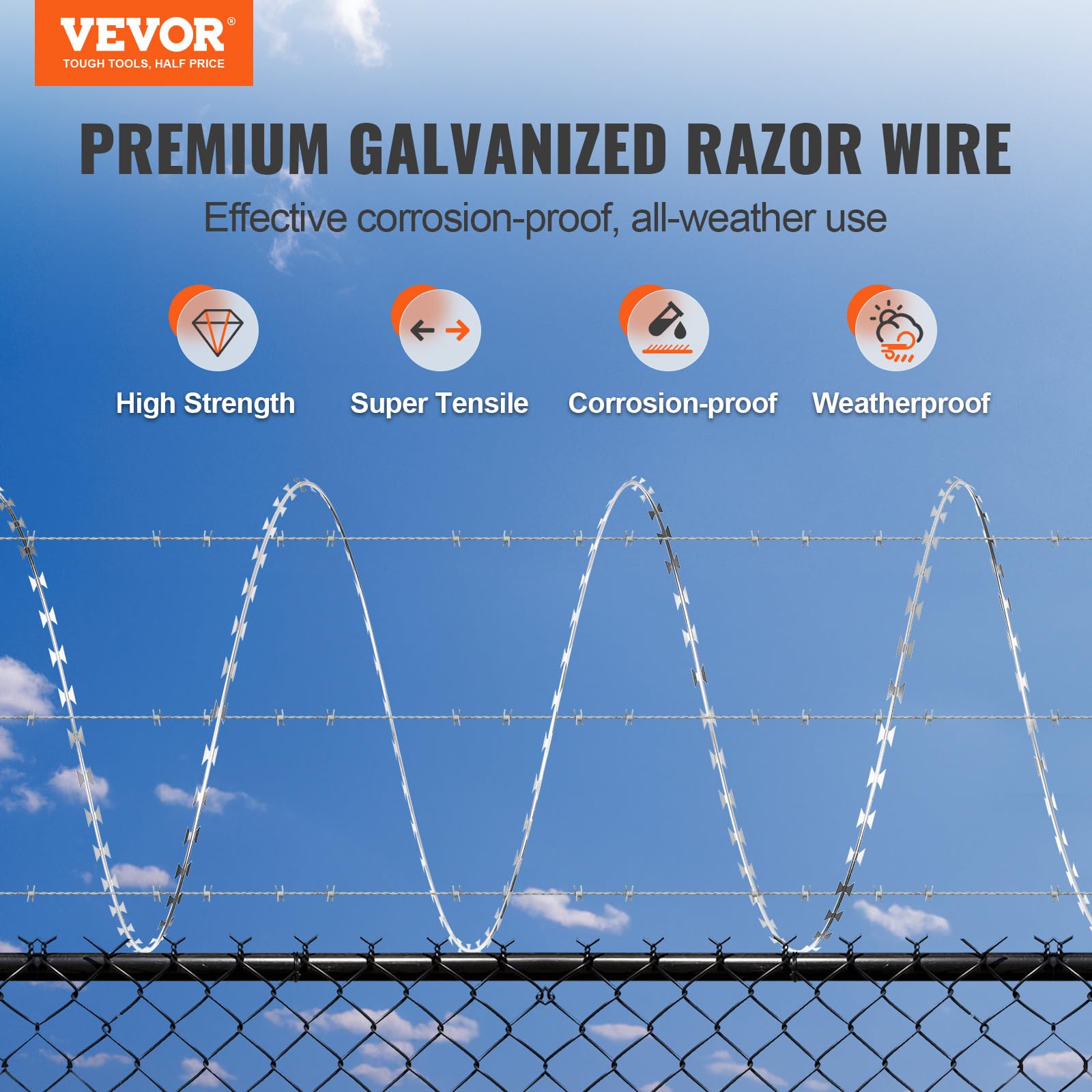 Vevor 246ft Galvanized Steel Razor Wire Fence - 5 Coils Per Roll, Heavy Duty Razor Barbed Wire for Garden Security & Property Protection | Perfect for Perimeter Fencing, Home Defense, and Agricultural Use