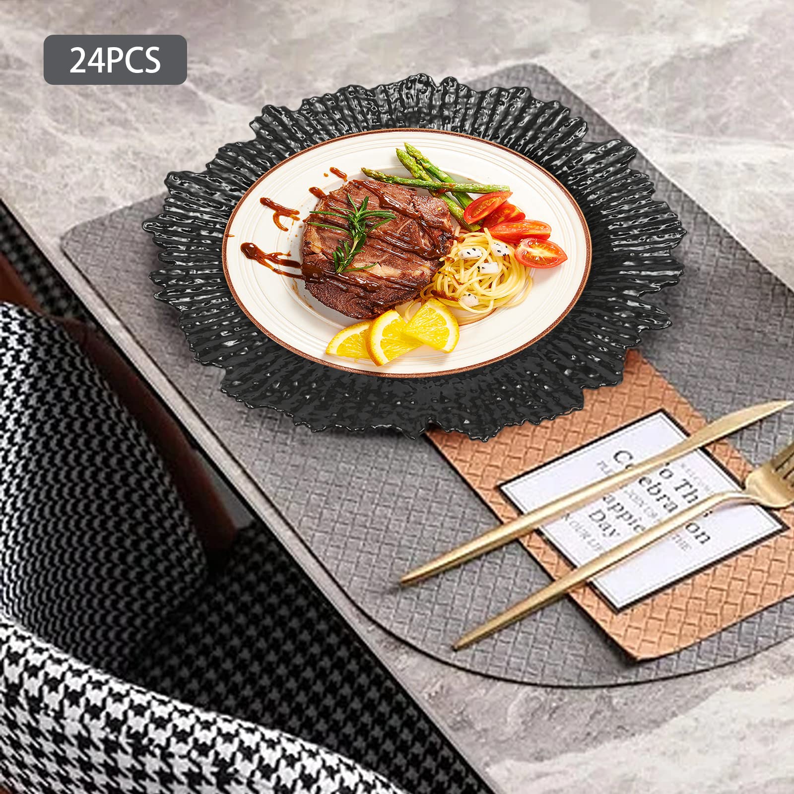 13'' Round Black Charger Plates Set - 24 Reusable Decorative Dinner Plates for Wedding, Party & Kitchen Serving | Embossed Pattern Snack Trays - Elegant Table Decor for Special Occasions
