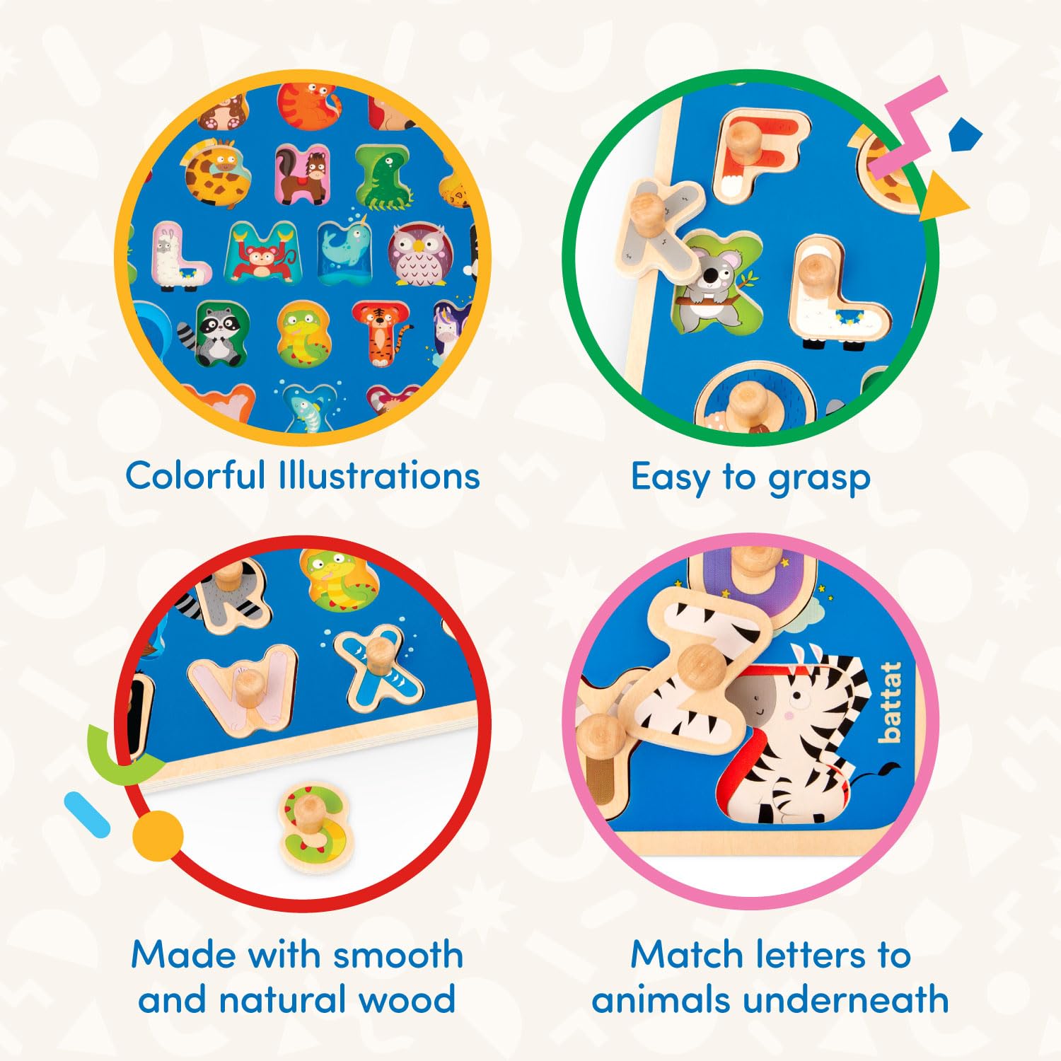 Battat Wooden ABC Peg Puzzle for Toddlers - Educational Wooden Toys for Kids Ages 2+ - Alphabet Learning Puzzle with Animal Critters - Perfect for Preschool Learning & Early Childhood Development