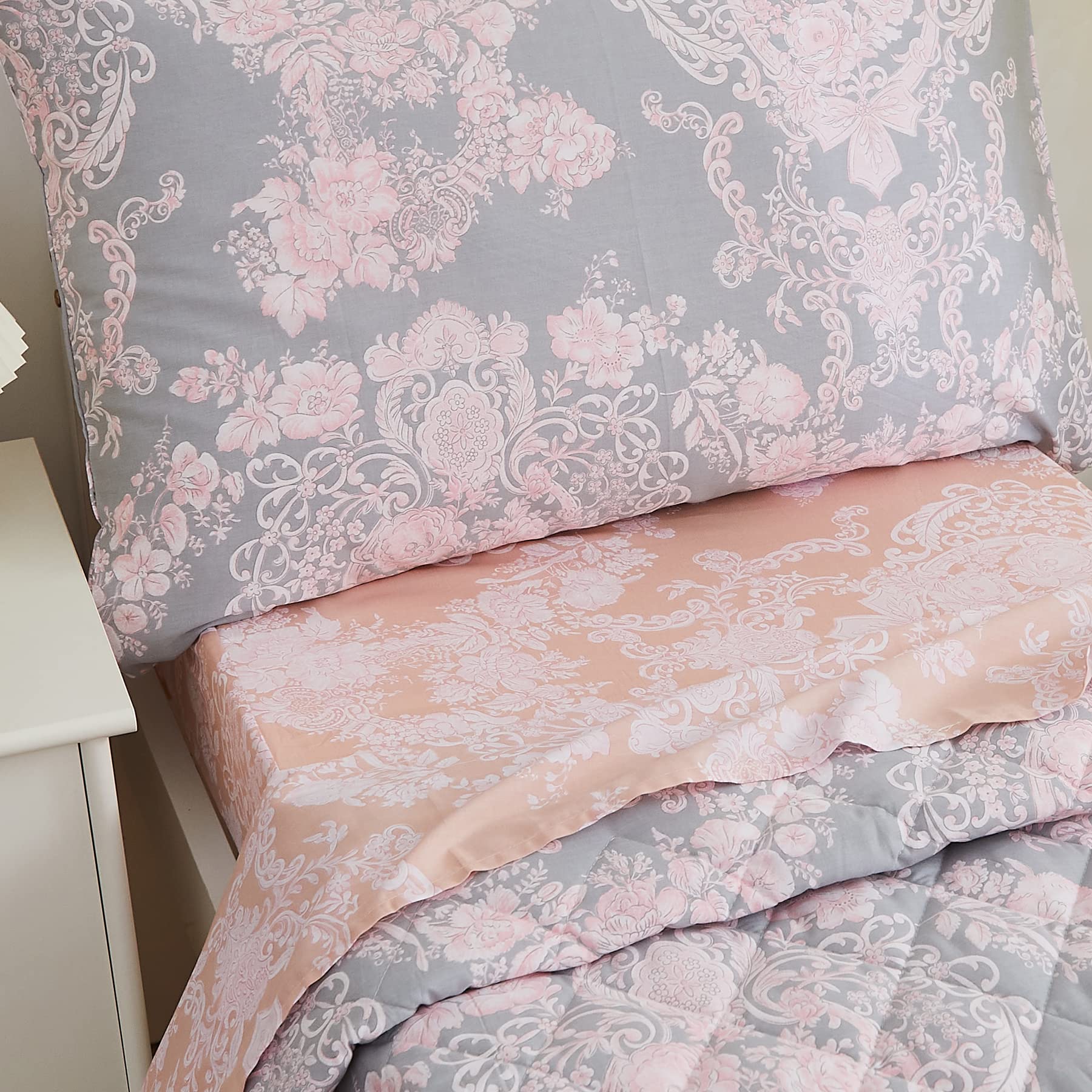 Brandream Girls Toddler Bedding Set 100% Cotton 4-Piece Nursery Comforter Set - Floral Damask Print in Blush Pink & Gray | Soft Baby Bed Sheets for Cribs, Toddler Beds & Nursery Decor