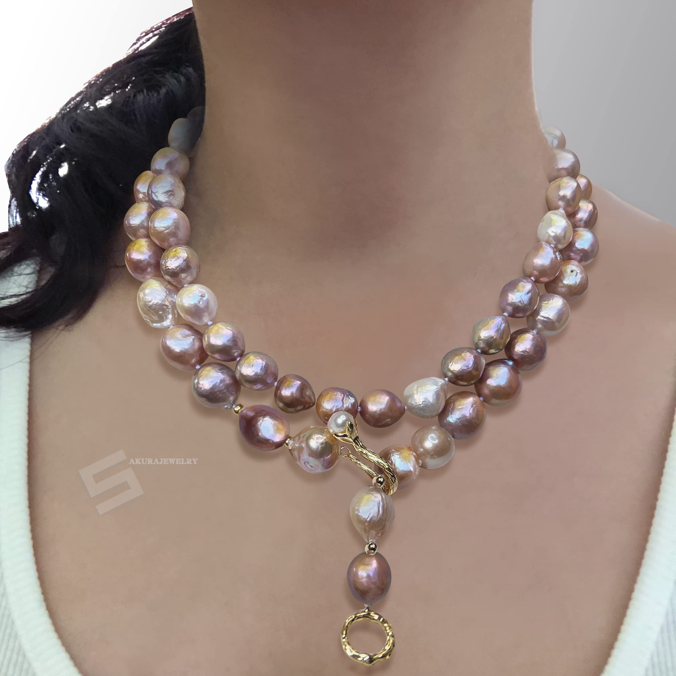Elegant Metallic Baroque Pearls Long Necklace - 45