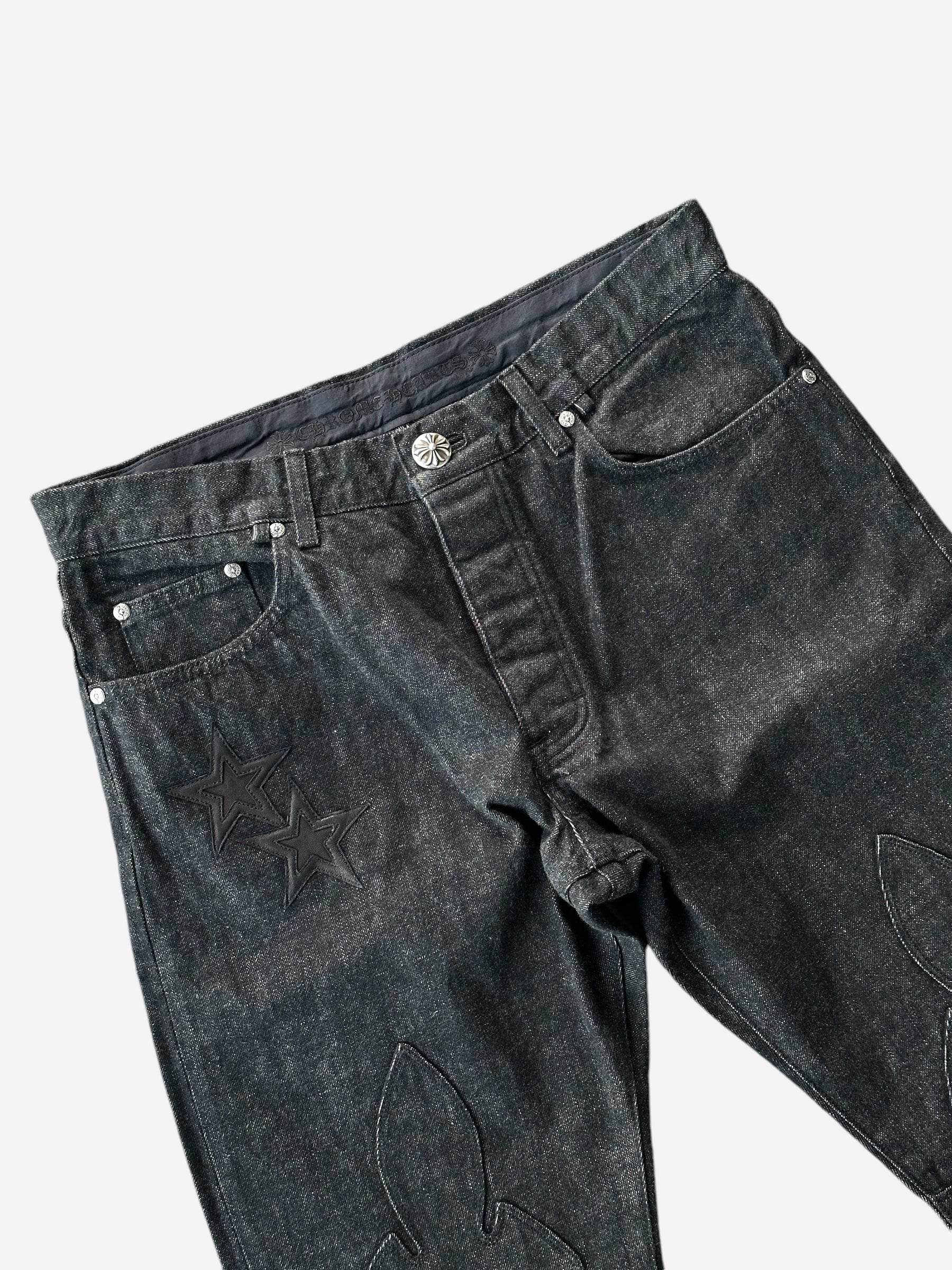 Chrome Hearts Grey & Black Star Patch Fleur Knee Jeans - Vintage Distressed Denim for Men & Women | Perfect for Streetwear & Casual Outfits