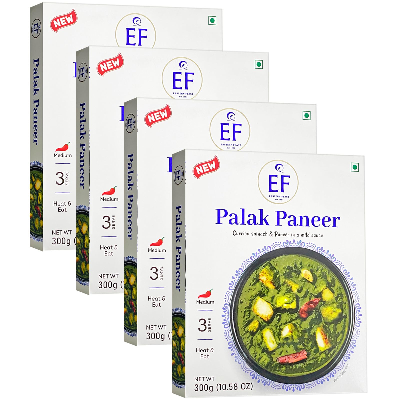 Eastern Feast - Palak Paneer, Ready to Eat Spinach & Paneer Meals (Pack of 4) | Vegetarian, Gluten Free Indian Curry | Quick Lunch, Dinner, or Office Meal | Authentic Flavors