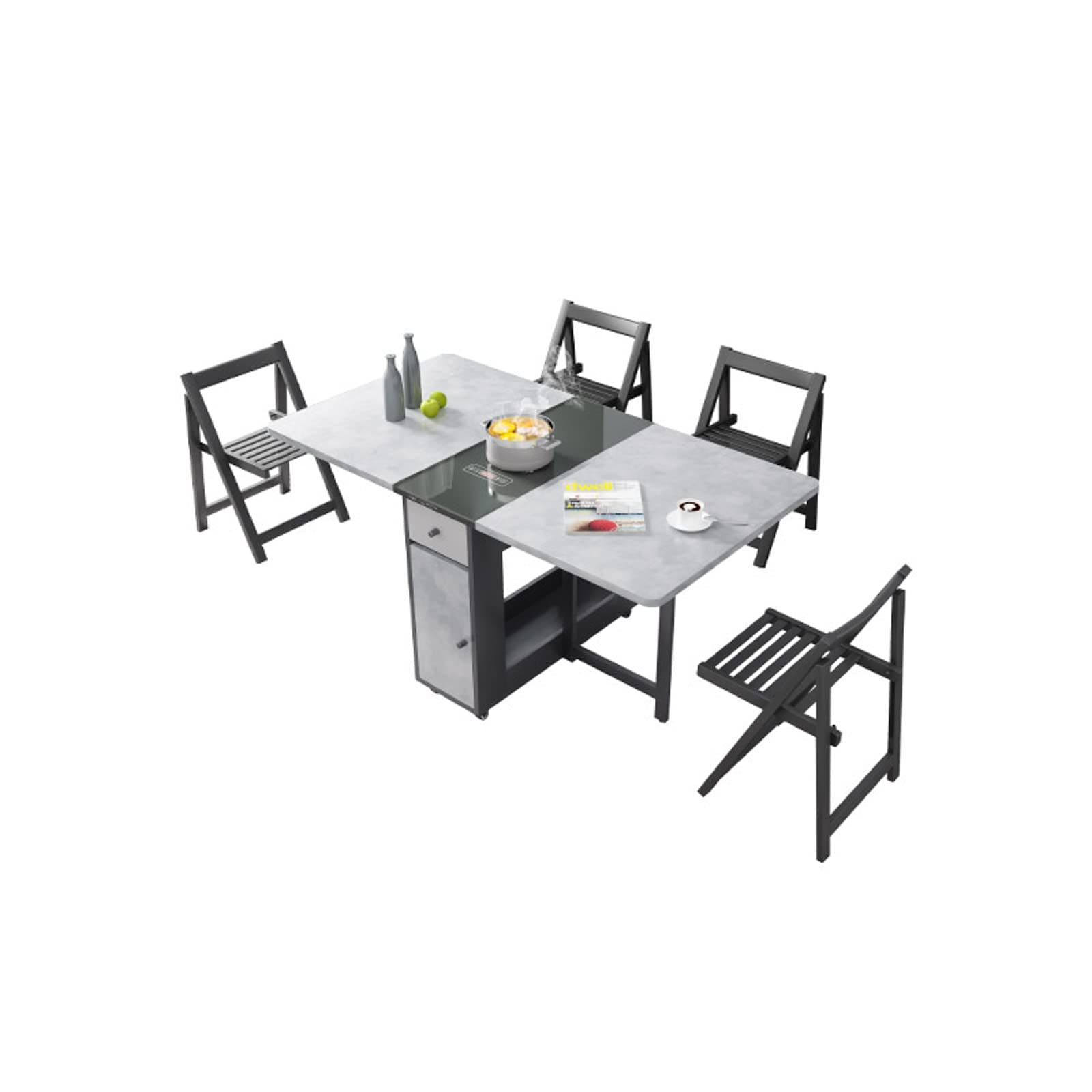 Foldable Dining Table with Storage Drawer & Wheels - Space Saving Kitchen Table for Small Apartments, Multifunctional Coffee Table with Rolling Casters (4 Chairs Included, Electromagnetic Style) - Perfect for Studio Living, Tiny Homes & Compact Spaces