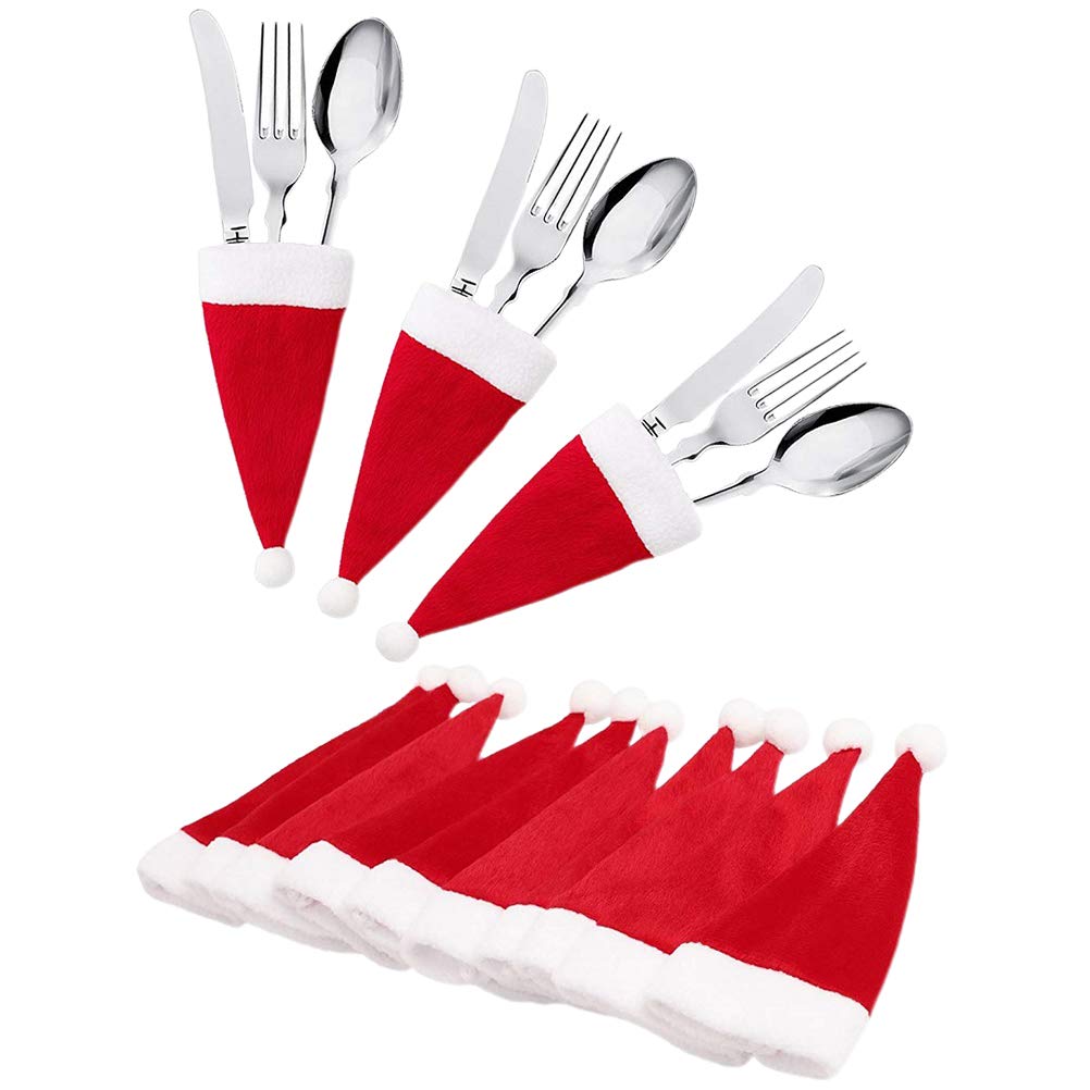 PRETYZOOM 12-Piece Mini Christmas Hat Cutlery Storage Bags - Silverware Organizer for Forks, Spoons & Bottles - Perfect for Holiday Parties, Home Dining & Restaurant Tableware Organization