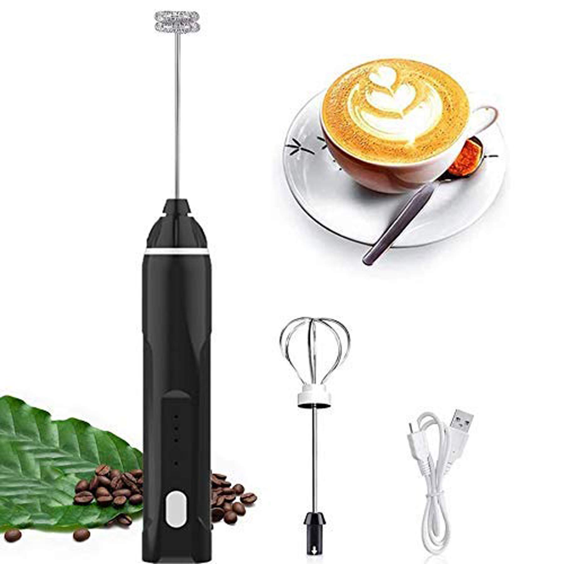 SNOMYRS USB Rechargeable Milk Frother - 3-Speed Handheld Electric Immersion Blender with 2 Stainless Steel Whisk Attachments - Portable Frother for Coffee, Cappuccino, Hot Chocolate & Matcha - Perfect for Home, Office & Travel (Black)