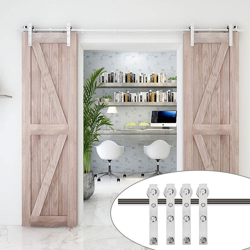TSMST 9.6FT Heavy Duty Stainless Steel Sliding Barn Door Hardware Kit - Top Mount Track for Double Wood Doors | Smooth & Quiet L-Style Design | Perfect for Bedrooms, Closets & Farmhouse Style Homes