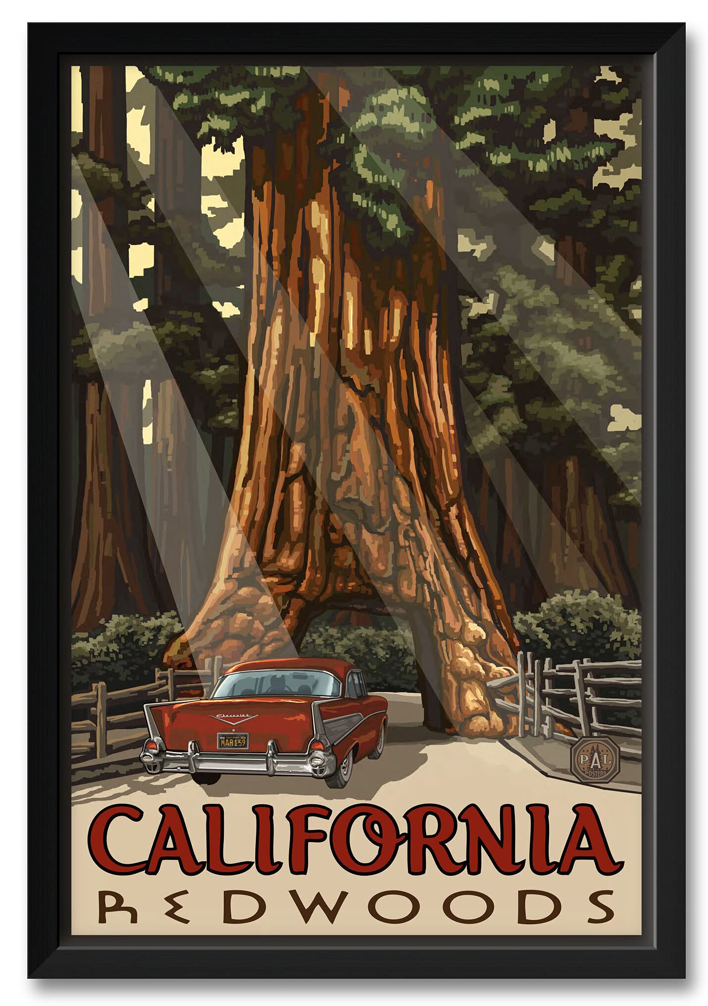 California Redwoods Car Thru Tree Framed Art Print - 26x38 Inch Wall Decor by Paul A. Lanquist | Perfect for Living Room, Office & Travel Lovers Home Decor