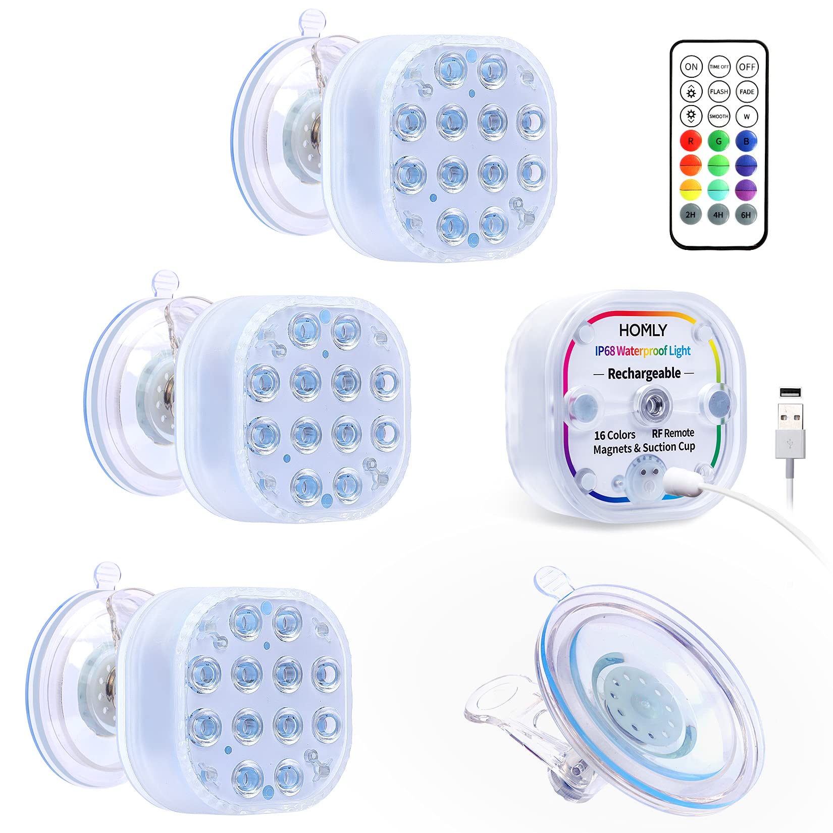 Homly Rechargeable LED Pool Lights - 16 Color Changing Underwater Lights for Inground & Above Ground Pools | Waterproof, Magnetic, Remote Control with Huge Suction Cups (4-Pack) - Perfect for Night Swimming, Pool Parties & Backyard Decor