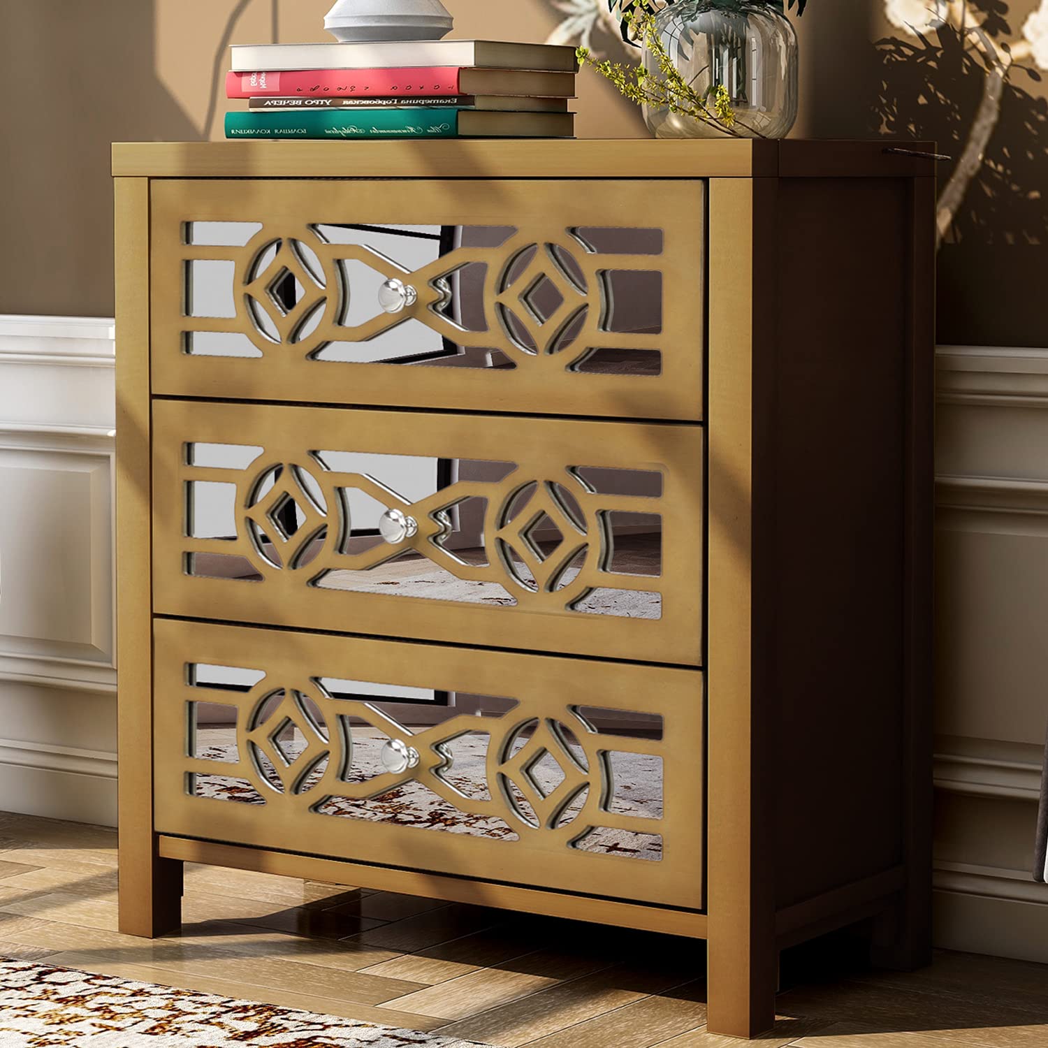 Modern Wood Storage Cabinet with 3 Pull-Out Drawers & Decorative Mirror - Entryway, Hallway, Living Room Organizer for Shoes, Keys & Home Decor