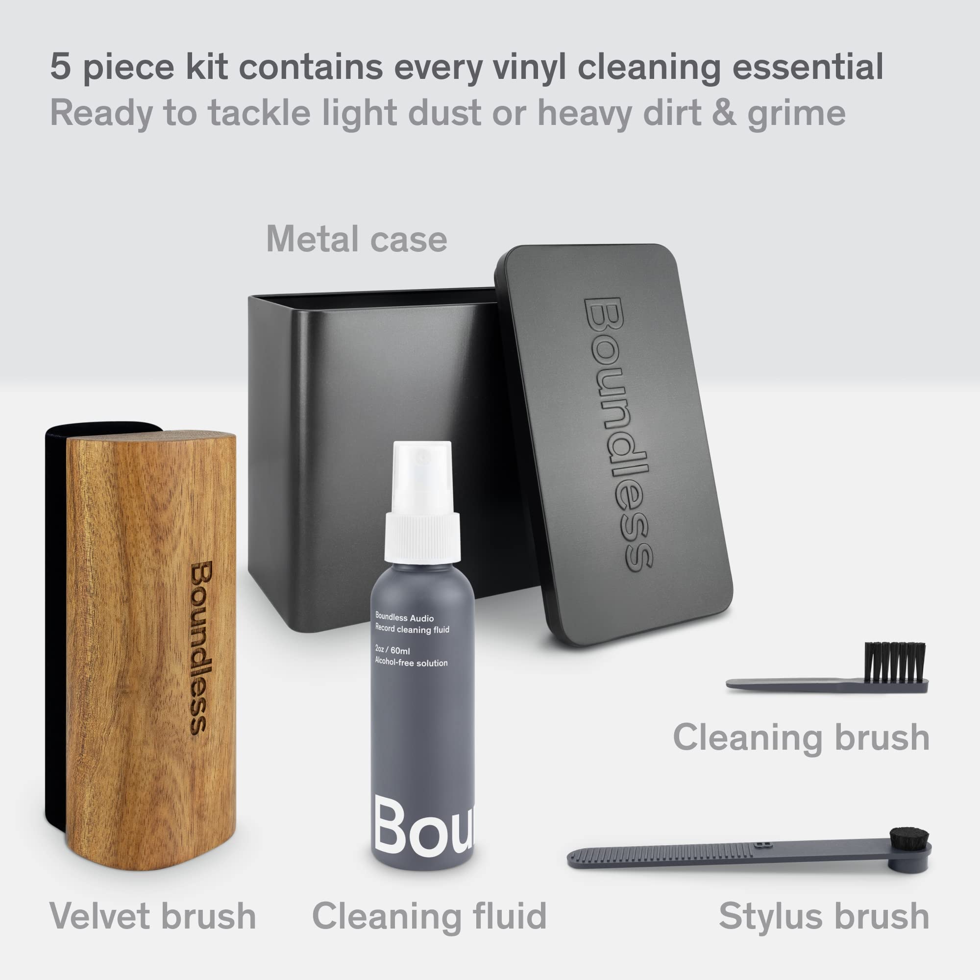 6-Piece Vinyl Record Cleaning Kit - Velvet Brush, Stylus Cleaner, Cleaning Solution, Nylon Brush & Metal Case - Essential for Vinyl Enthusiasts & DJs - Perfect for Home & Studio Use