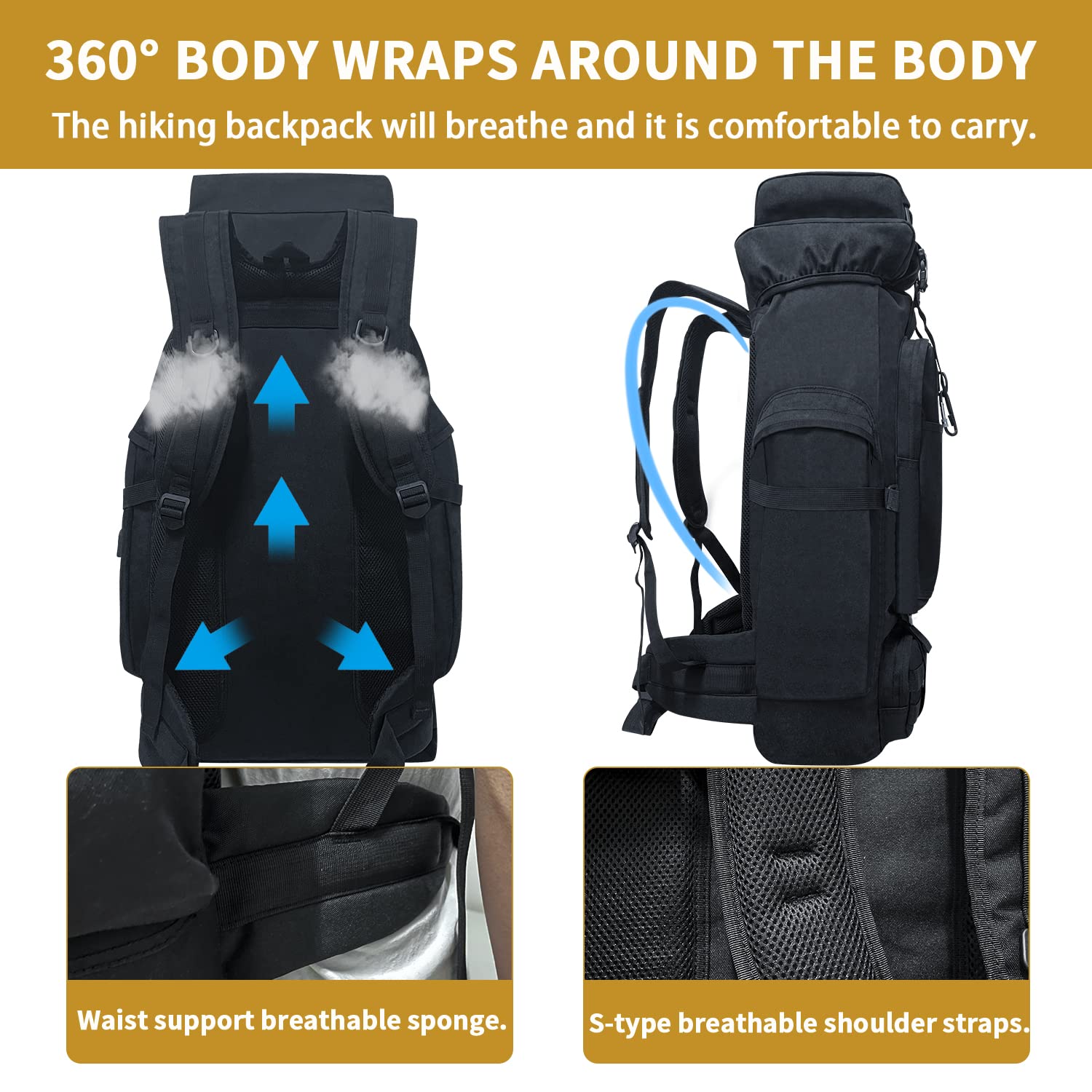 80L Waterproof Military Tactical Backpack - Large Camping Hiking Rucksack with MOLLE System & Carabiner - Durable Outdoor Daypack for Men & Women (Black) - Perfect for Camping, Hiking, Travel & Tactical Missions