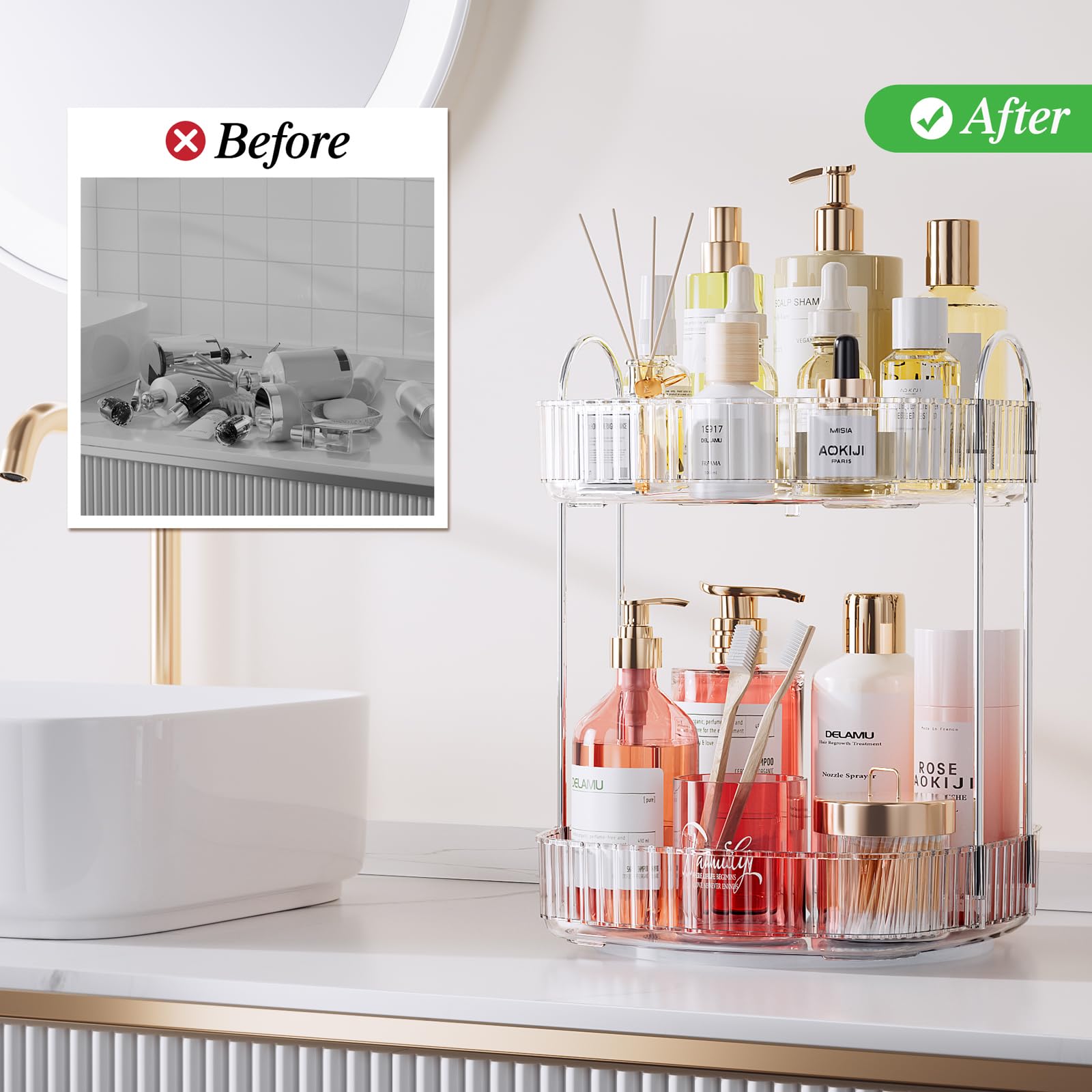 Delamu 2-Tier Rotating Makeup Organizer - Large Capacity Countertop Storage for Cosmetics, Skincare & Perfume | Clear Acrylic Bathroom Vanity Organizer for Dresser, Bedroom & Bathroom Counter | Perfect for Daily Beauty Routine & Space Saving Organization