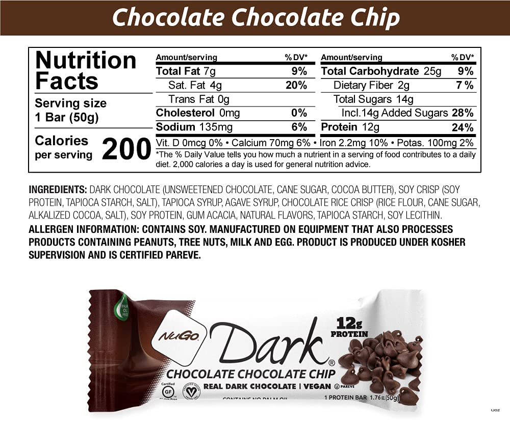 NuGo Dark Chocolate Chocolate Chip Protein Bar - 12g Vegan Protein, 200 Calories, Gluten Free, 24 Count - Perfect for Post-Workout Recovery & Healthy Snacking