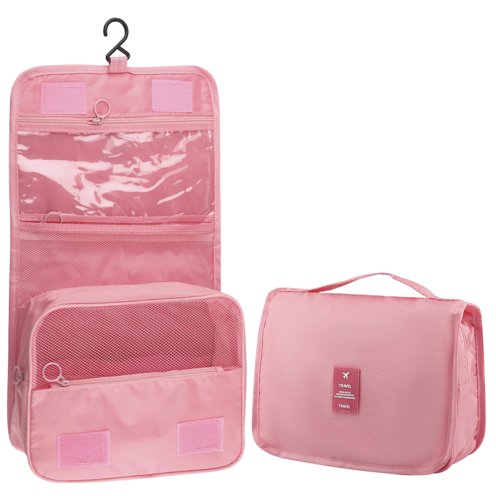 Foldable Hanging Travel Toiletry Bag - Waterproof Portable Cosmetic Organizer with Hook for Women | Pink Makeup Bag for Bathroom, Gym & Vacation Essentials