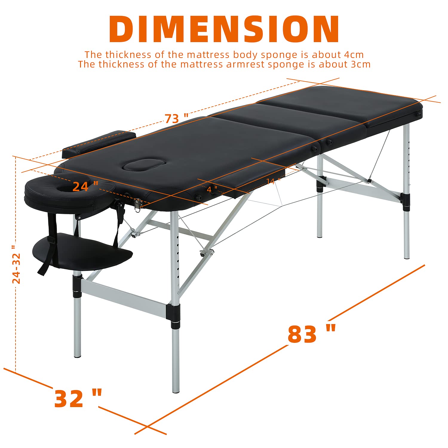 HCY 84 Inch Portable Massage Table - Adjustable Height Aluminum Folding Massage Bed with Carry Case for SPA, Salon & Tattoo (Black) | Perfect for Professional Therapists, Home Use & Mobile Services