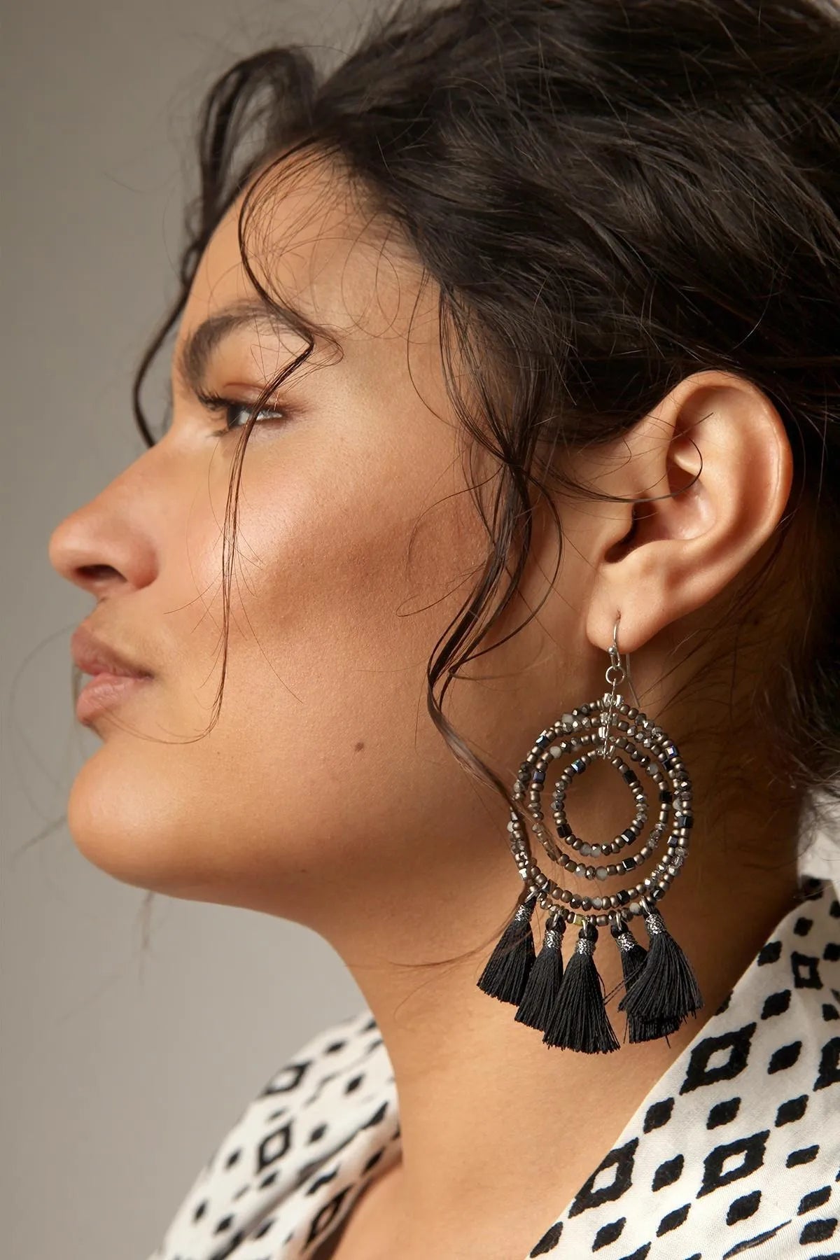 Beaded Tassel Hoop Earrings for Women - Boho Chic Dangle Earrings with Crystal Beads - Perfect for Parties, Weddings & Everyday Wear