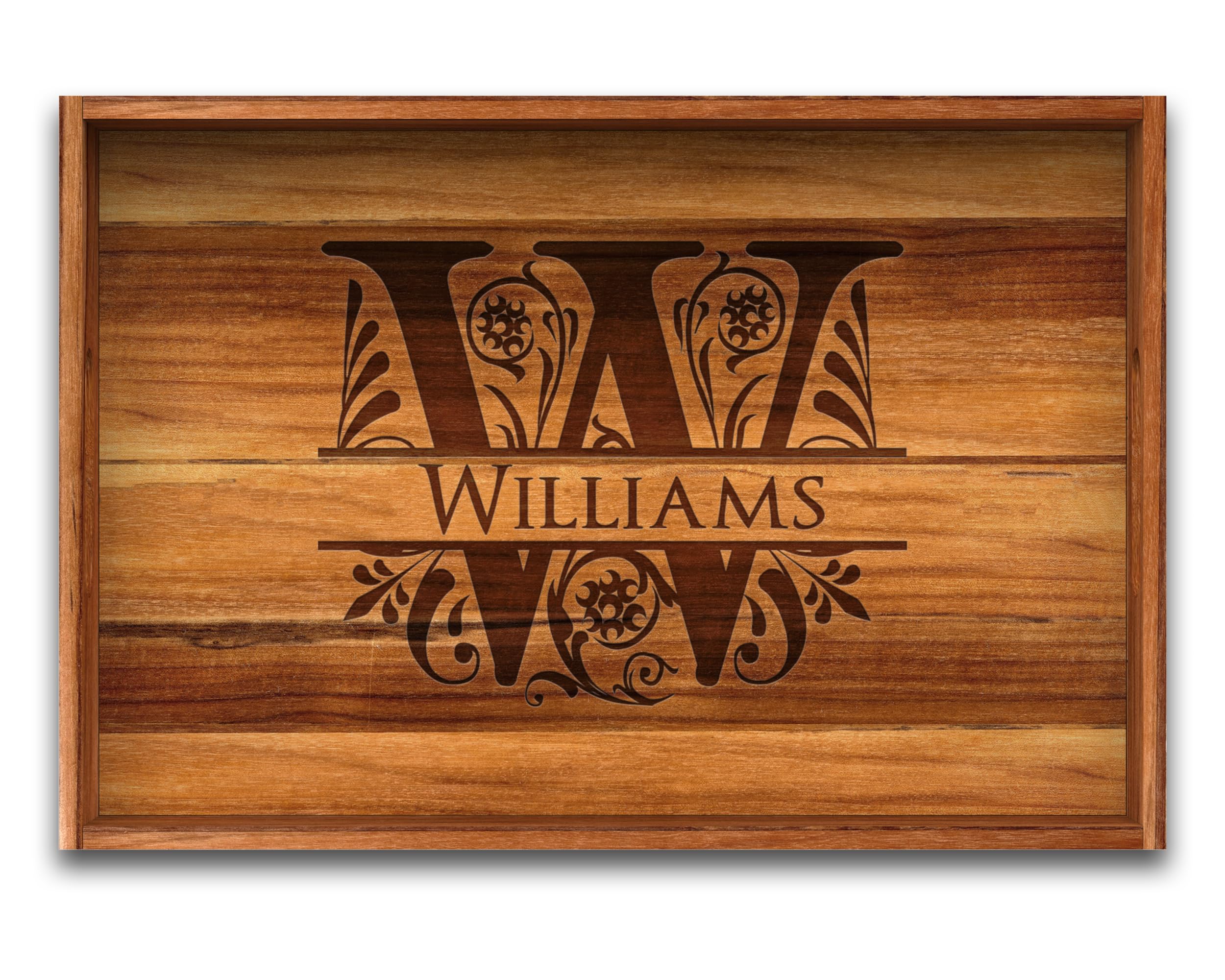 **Custom Engraved Teak Wood Tray - Personalized Wedding, Housewarming, Anniversary & Christmas Gift - Split Letter Design for Home Decor & Special Occasions**