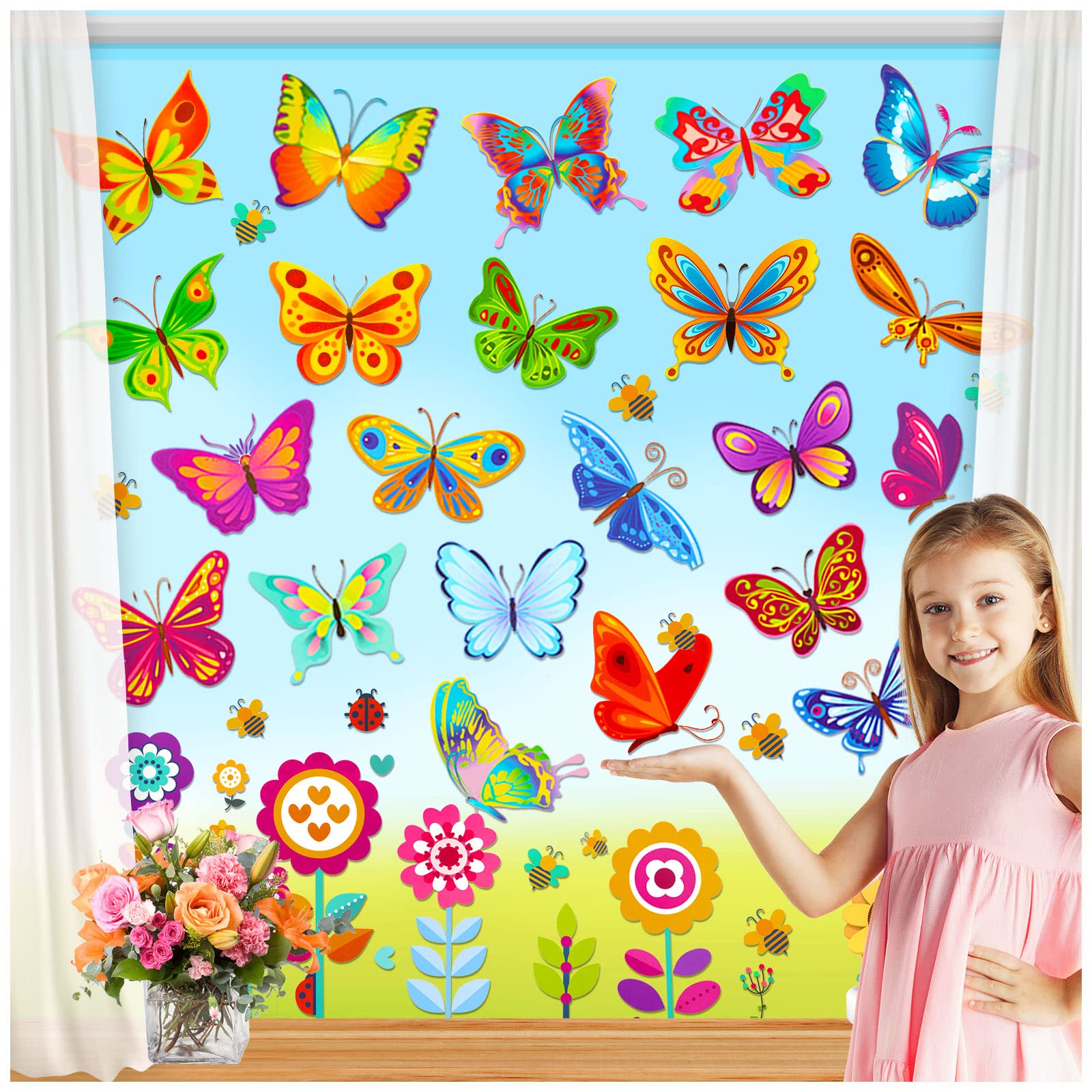 109Pcs Spring Window Clings - Anti-Collision Flower Window Decals for Spring Party Decorations | Easter, Baby Shower & Home Decor | Safe for Kids & Pets