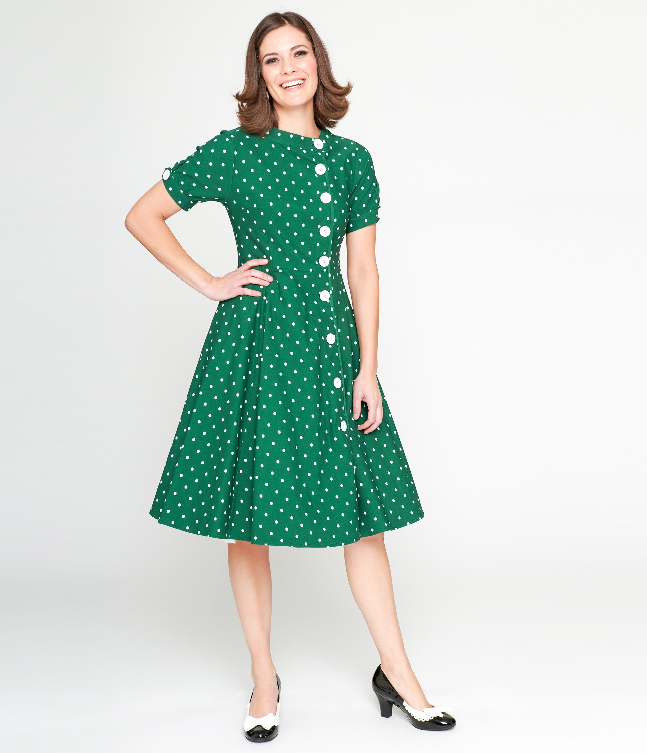 Vintage 1950s Green & White Polka Dot Swing Dress with Contrast Buttons - Retro A-Line Cocktail Dress for Parties, Weddings & Special Occasions