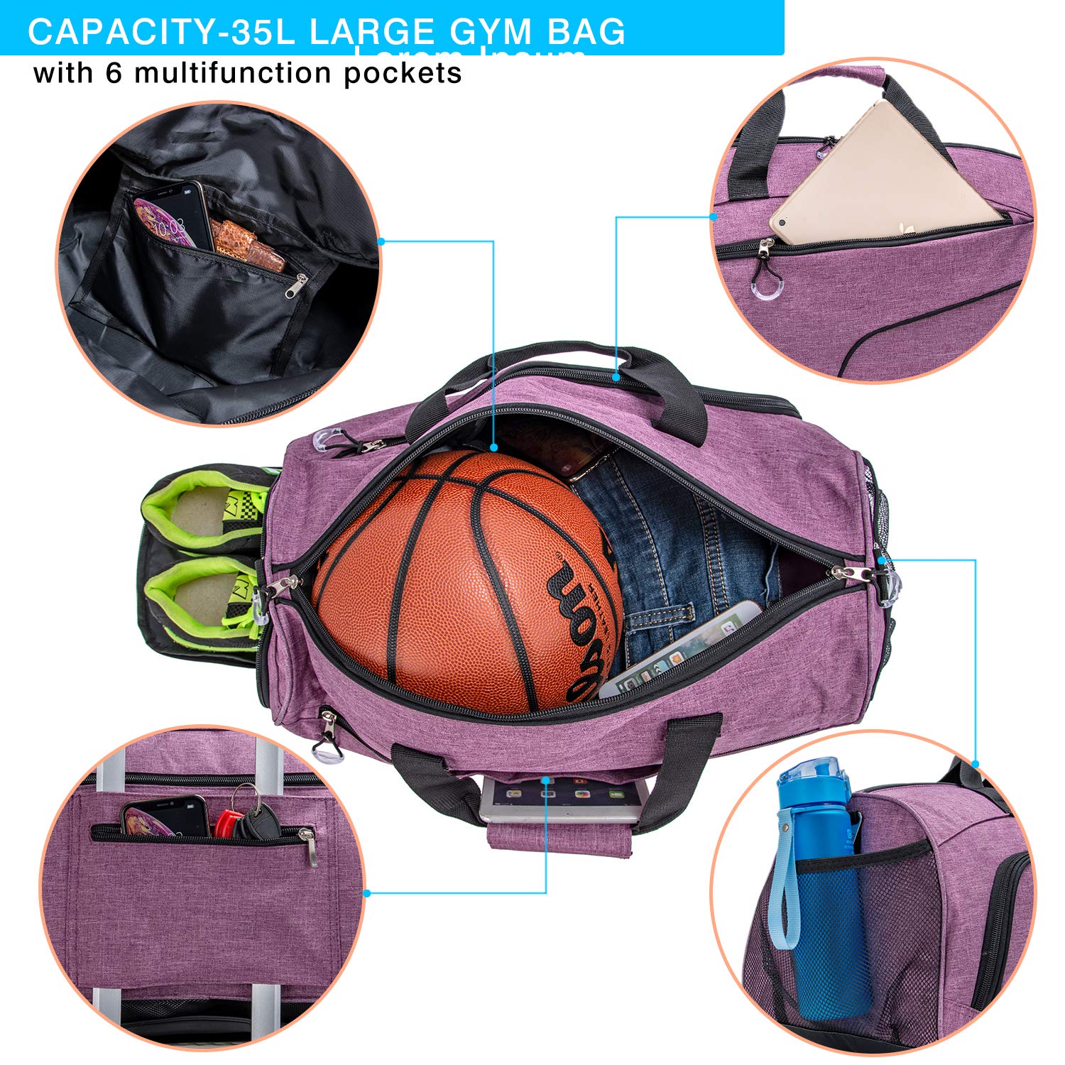 Kuston Sports Gym Bag with Shoes Compartment & Wet Pocket - Durable Gym Duffel Bag for Men & Women - Perfect for Workout, Travel & Overnight Trips