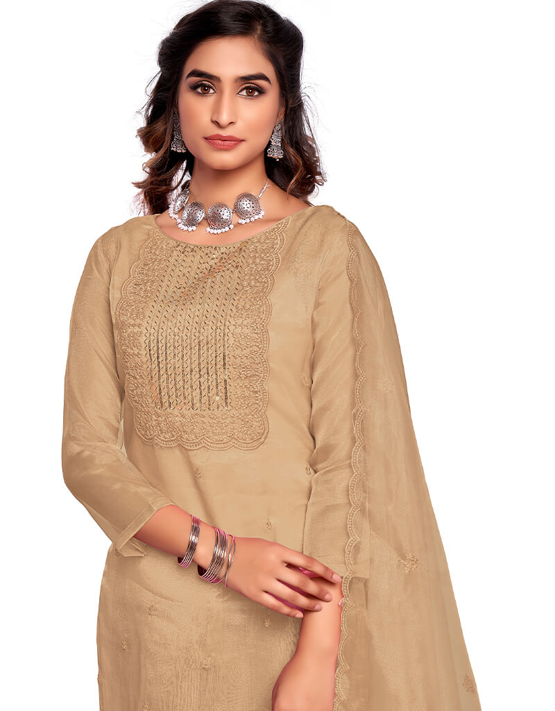 Elegant Beige Organza Chudidar Salwar Suit for Women - Traditional Indian Ethnic Wear for Weddings, Festivals & Special Occasions