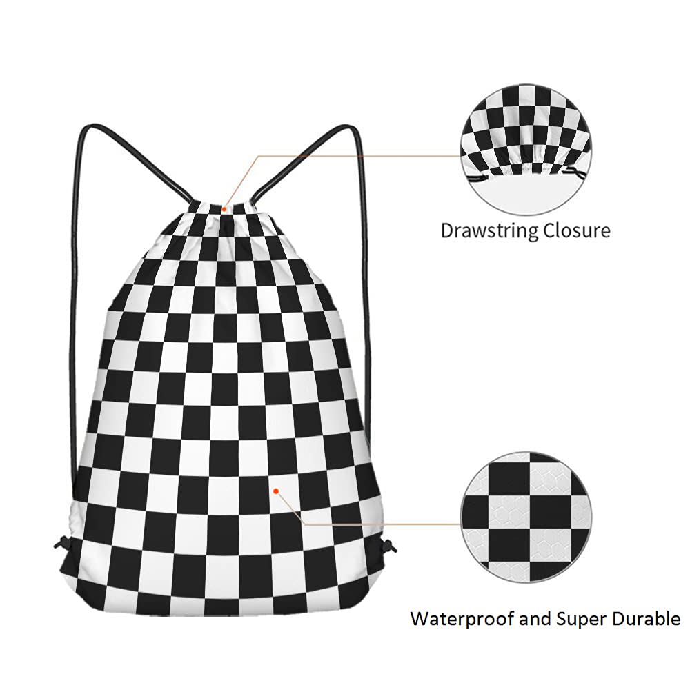 Checkerboard Drawstring Backpack - Black & White Geometric Plaid Pattern Gym Sack for Sports, Yoga, Chess & Racing | Durable String Bag for Men & Women | Perfect for Gym, Travel & Outdoor Activities