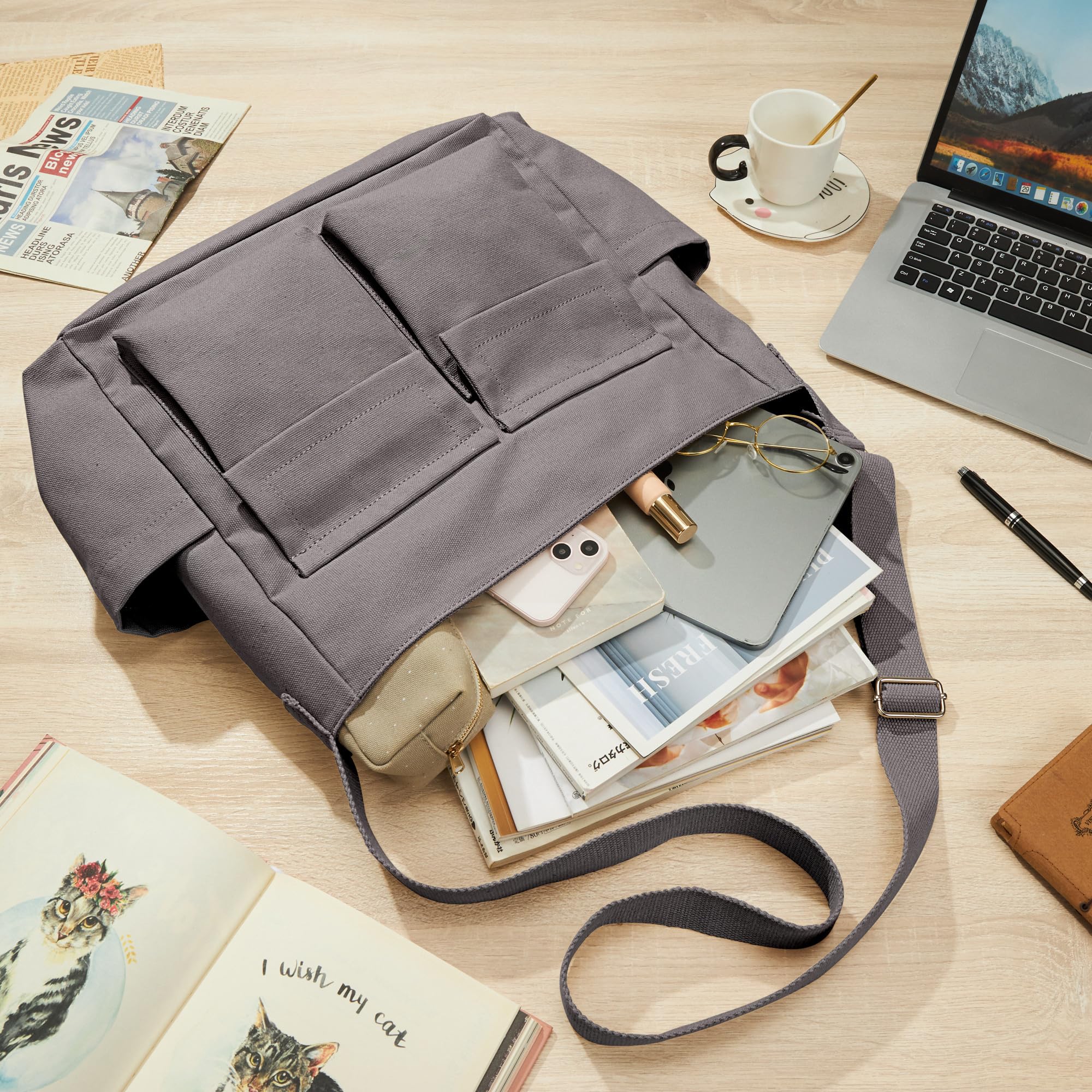 KALIDI Canvas Tote Bag - Large Crossbody Messenger Bag for Women & Men, Durable Casual Shoulder Bag for College, Work & Daily Use | Perfect for Commuting, Shopping & Travel Accessories