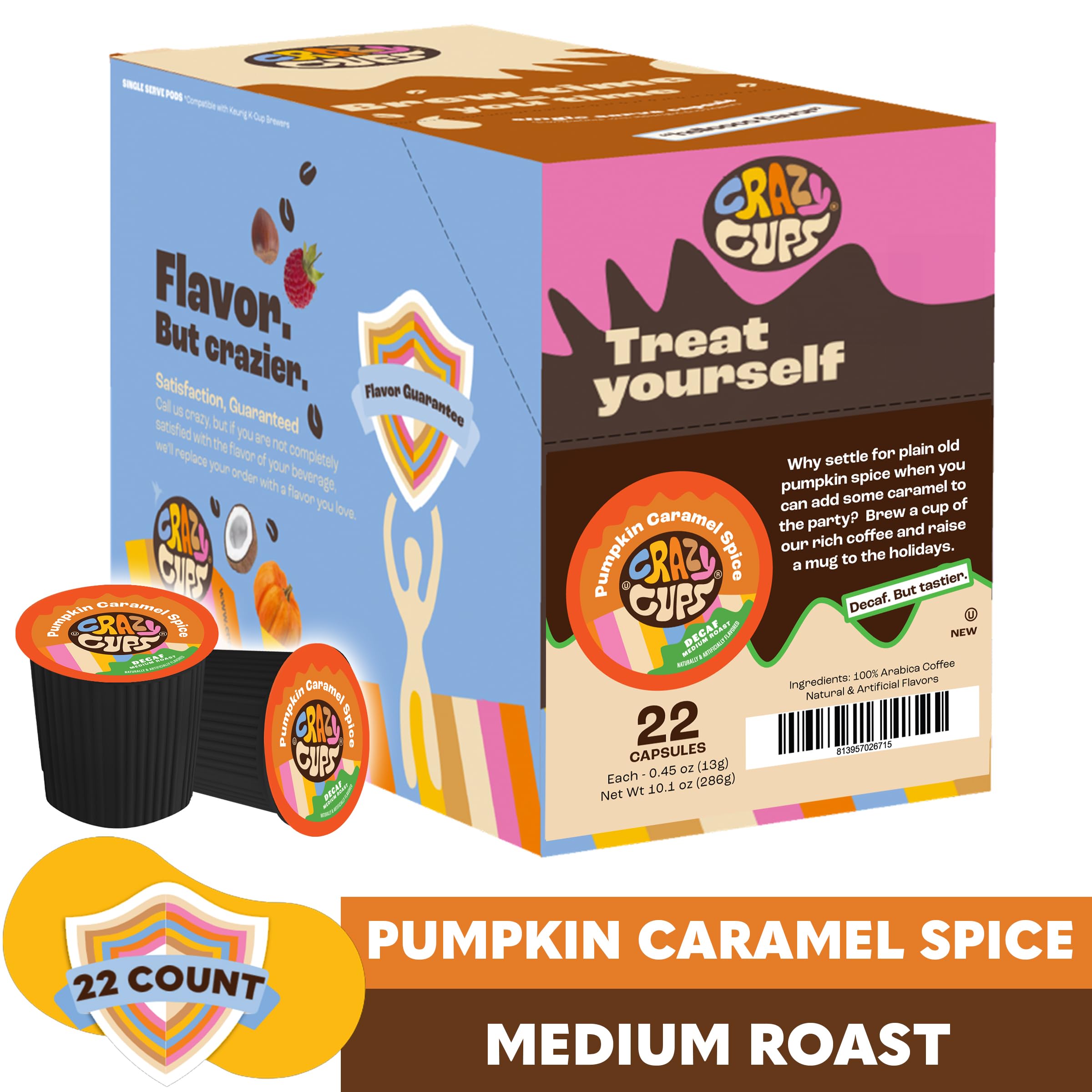 Decaf Pumpkin Caramel Spice Coffee Pods for Keurig - 22 Recyclable K Cups | Hot or Iced Brew | Perfect for Fall Mornings, Office Breaks & Cozy Evenings