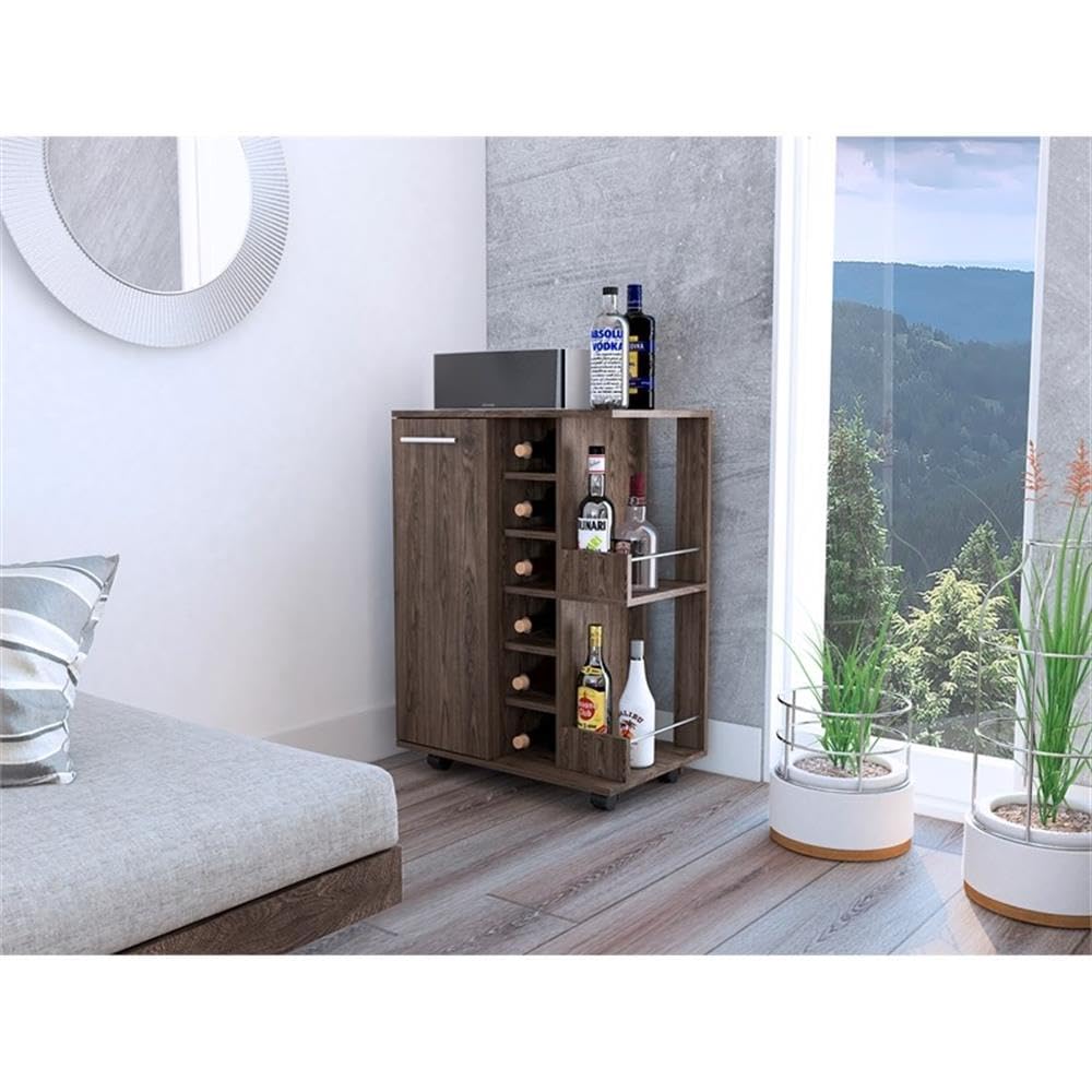 BOWERY HILL Contemporary Bar Cart Cabinet in Weathered Oak - Modern Rolling Drink Cart for Home Bar, Living Room & Outdoor Entertaining