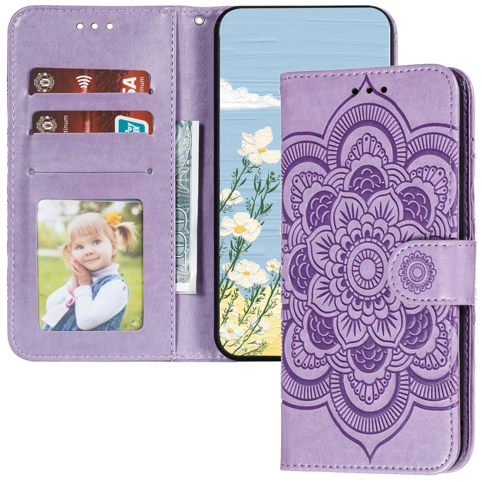 Premium PU Leather Flip Wallet Case for Samsung Galaxy A72 5G - Shockproof Embossed Mandala Design with Card Holder & Kickstand (Light Purple) | Perfect for Work, Travel & Everyday Protection