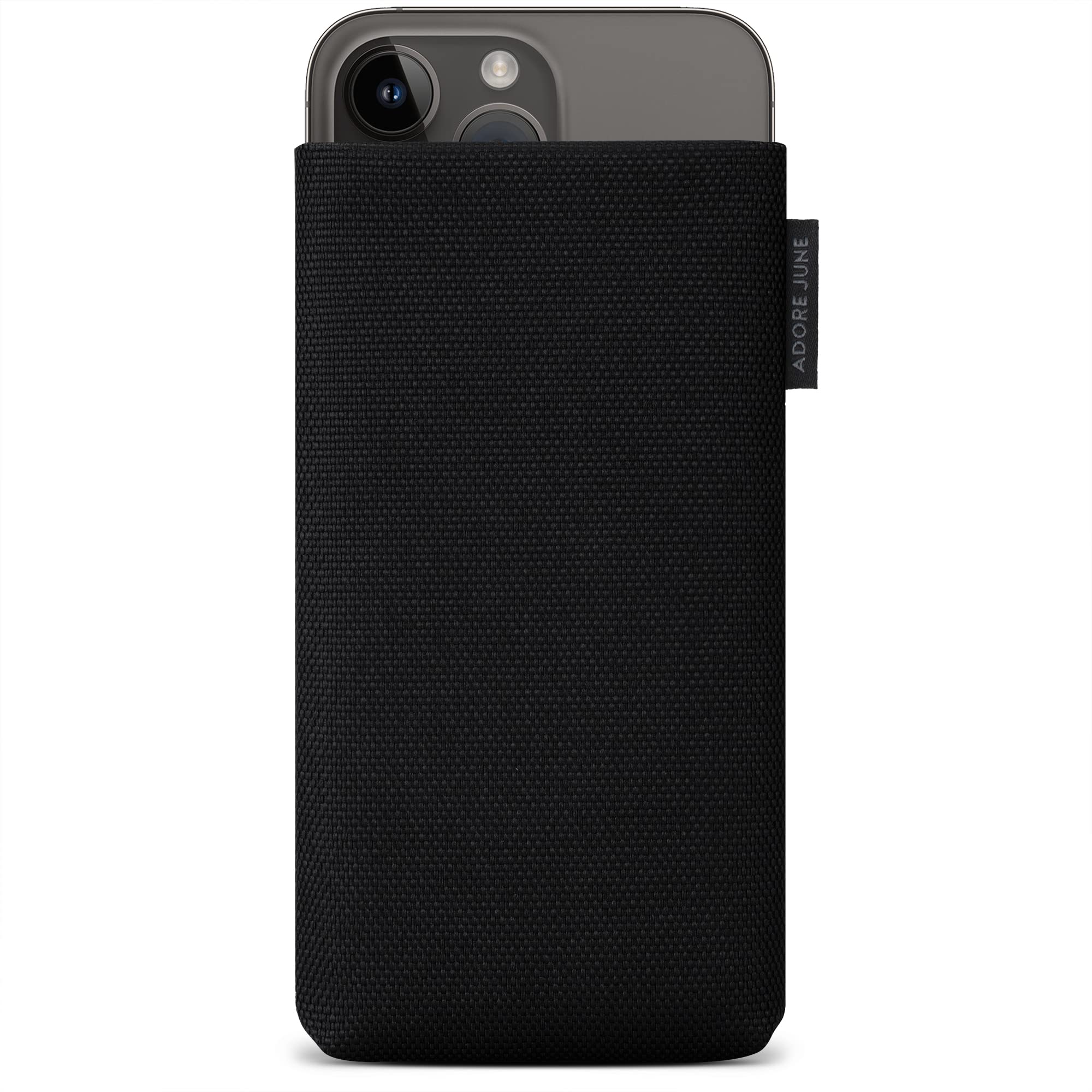 Adore June Classic Recycled Black iPhone 14/15 Plus & Pro Max Case - Eco-Friendly R-PES Fabric Cover | Slim Protective Phone Case for Women & Men | Perfect for Work, Travel & Everyday Use | Made in Europe