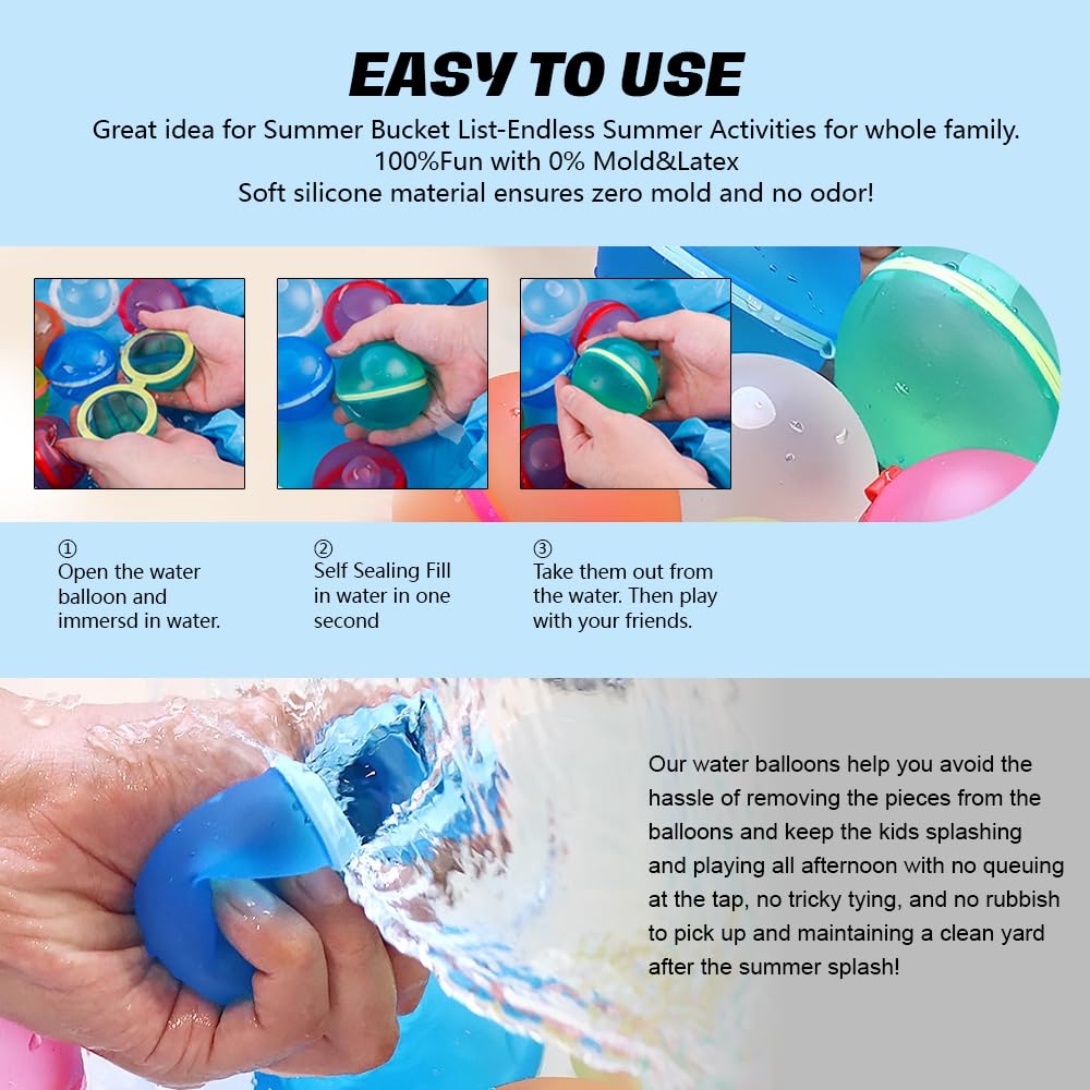 Refillable Magnetic Silicone Water Balloons - 24 Pack Eco-Friendly Reusable Pool Toys for Kids, Outdoor Summer Water Games, Backyard Party Essentials, Bath & Slide Fun