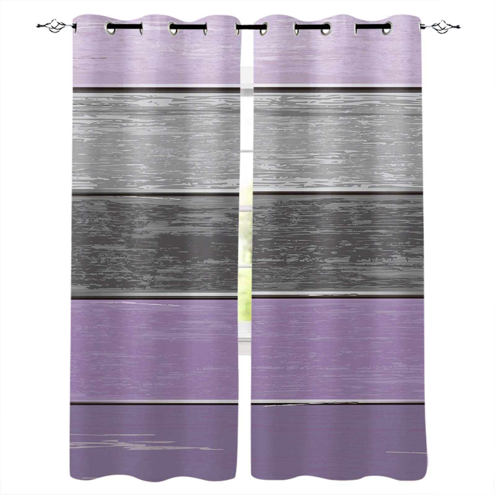 Prime Leader Blackout Curtains 84 Inch Long - Thermal Insulated Room Darkening Drapes with Grommet, Wood Grain Stripe in Purple & Grey (40